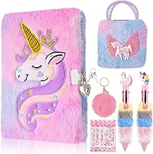 9 Pcs Unicorn Secret Diary For Girls Fluffy Notebook with Handbag Pen Stickers Bracelet Fluffy Keyring Unicorn Stationery For Girls Age 5-12