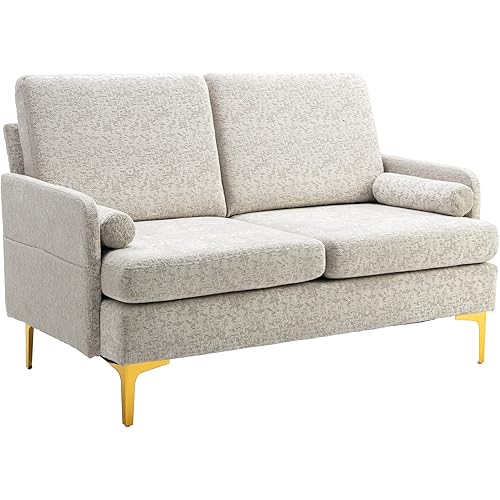 LianLianJia 55" Loveseat Sofa, Mid Century Modern Decor Couch, 2-Seat Sofa Couch Tufted Upholstered Love Seat with Gold Metal Feet for Living Room (Beige)