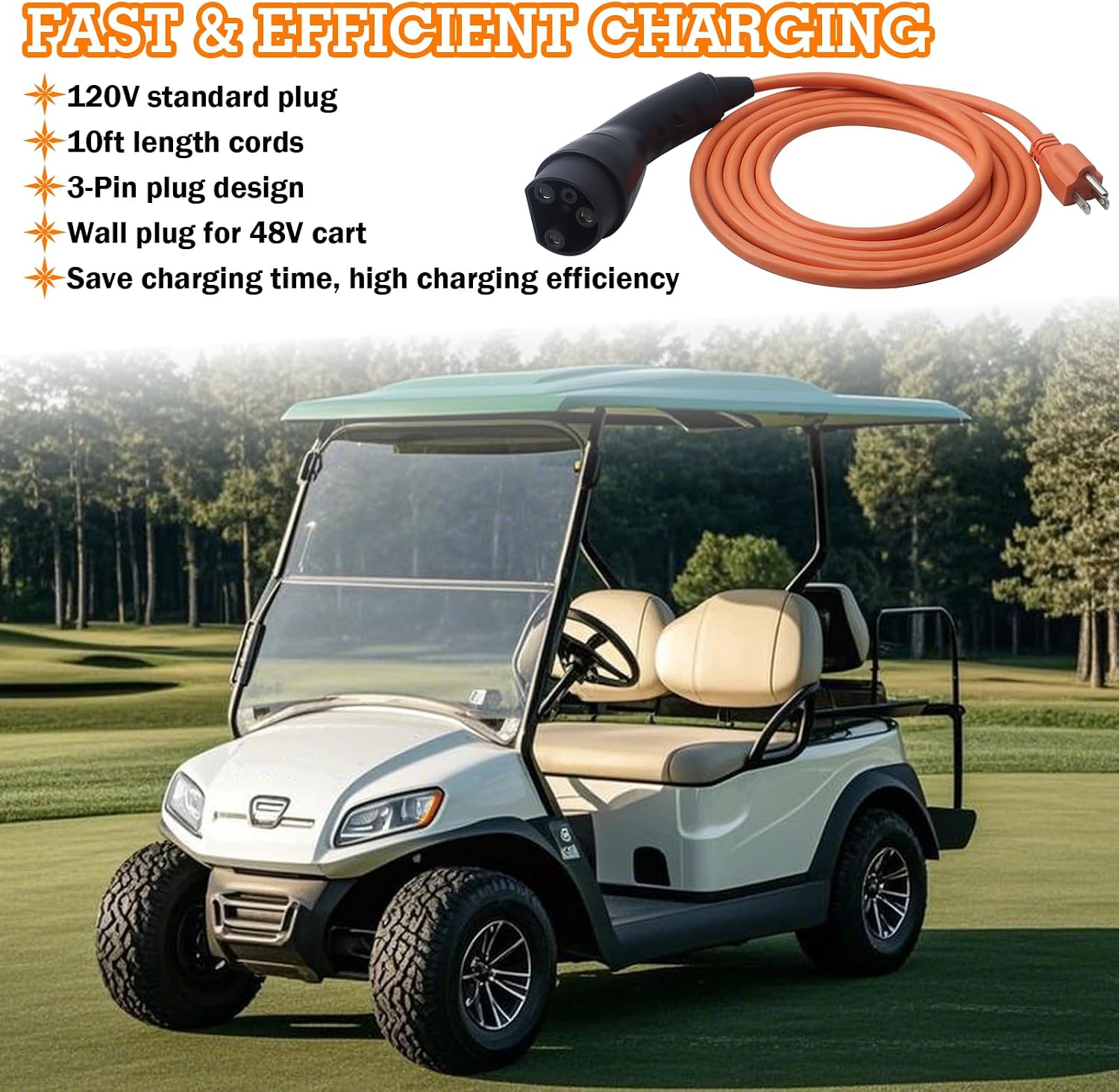 2.04.0620 Golf Cart Charging Power Cord Compatible with Evolution ICON EV Golf Carts 120V 3 Pin Charge Cable Assembly Replacement# ST-031016-PT