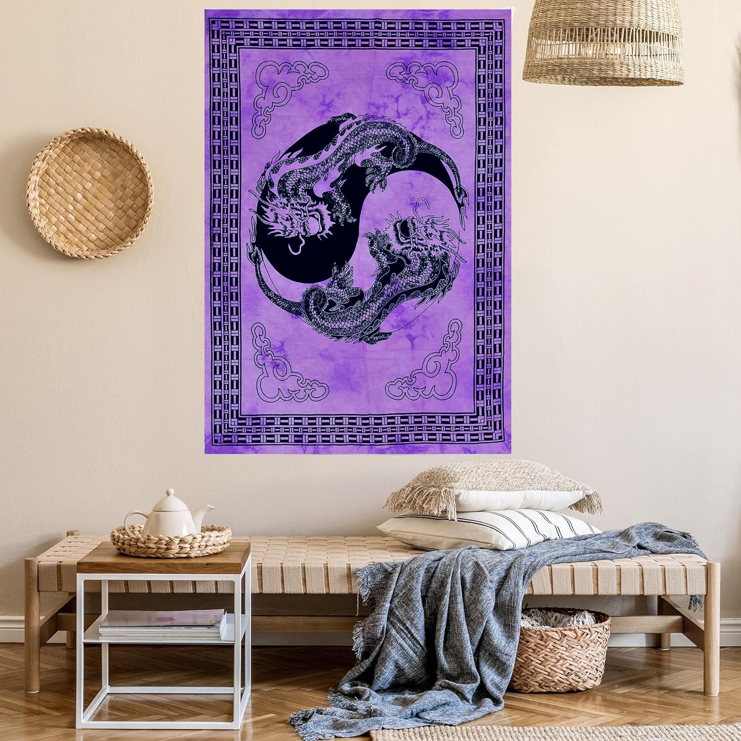 AVA Collections Yin Yang Tapestry Dragon Wall Hanging Tapestries Indian Cotton Purple Tie Dye Poster Size 102x76cm Wall Decor Boho Wall Art Hippie Bedroom Living Room Décor (Purple - Image 4