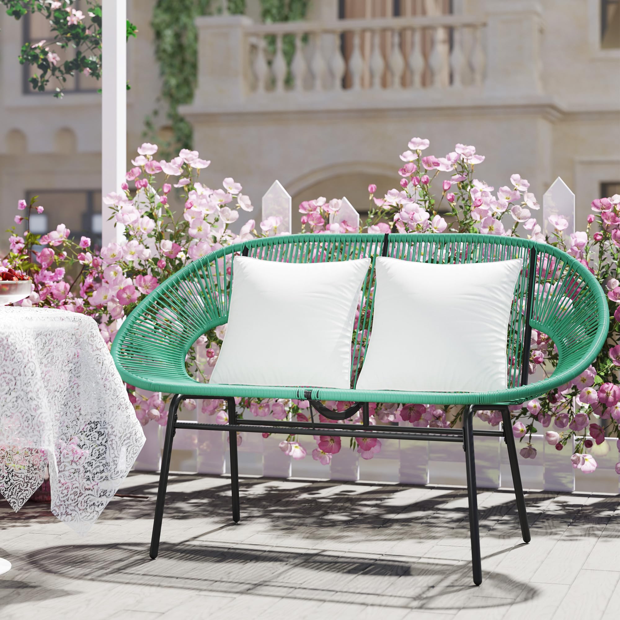 Outsunny Sofá de jardín de 2 plazas en ratán PE, sofá de Exterior con Cojines, reposabrazos y Estructura de Acero, Banco de Exterior, para terraza y Patio, 132 x 72 x 83 cm, Verde Oscuro