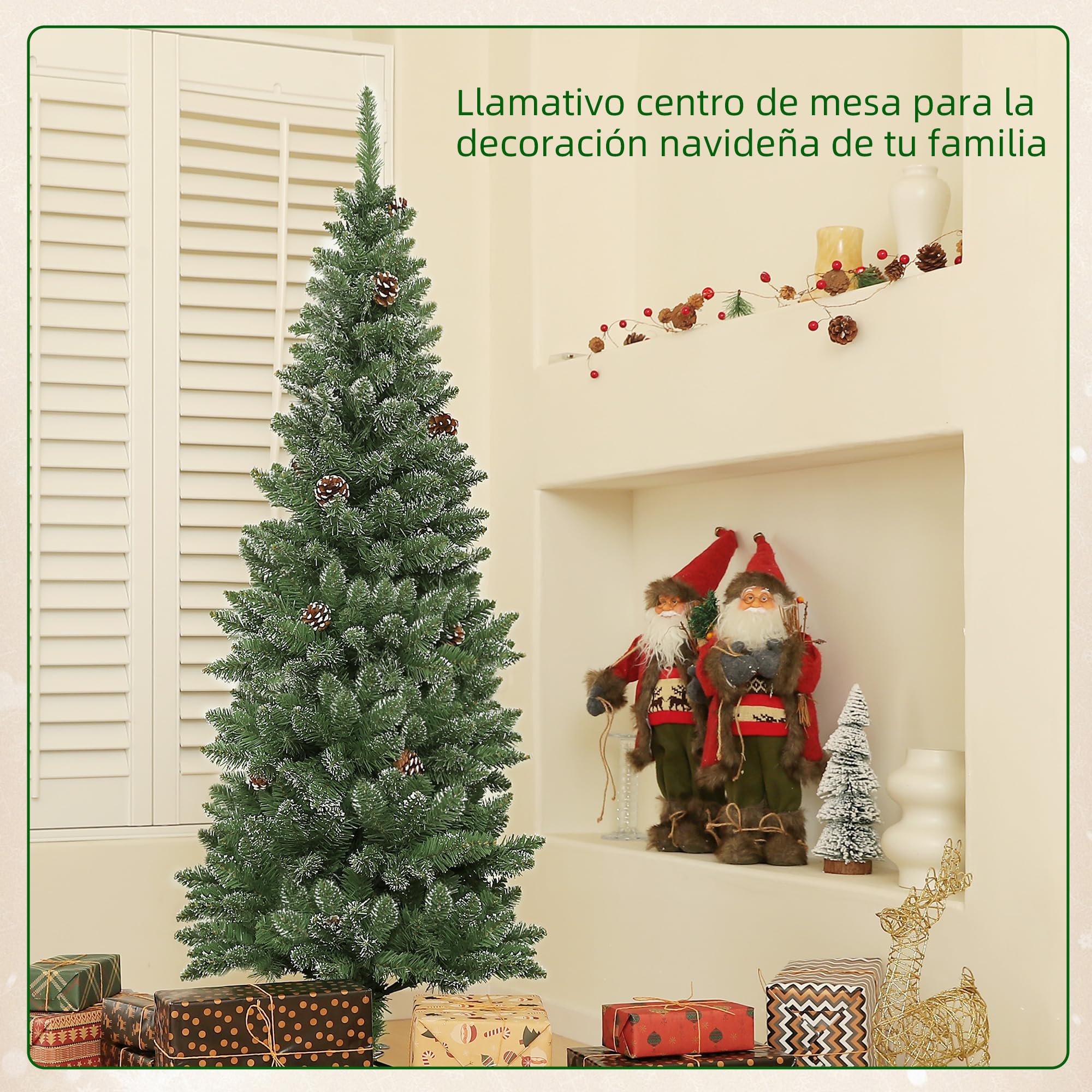 HOMCOM Árbol de Navidad Estrecho 150 cm Árbol de Navidad Artificial con 395 Ramas 30 Piñas y Soporte de Metal Árbol Navideño para Salón Interior Verde