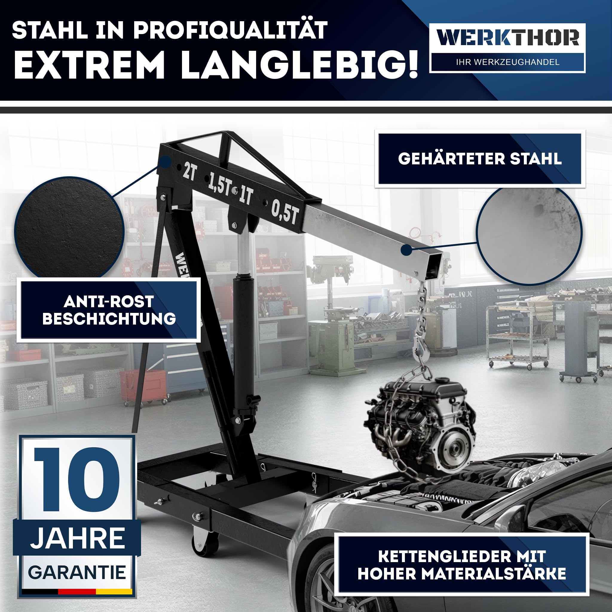 WERKTHOR Motorkran 500kg klappbar für Werkstatt – Motorheber 500KG hydraulisch & platzsparend – Werkstattkran schwarz mit 6 Rollen – Profi Hebekran für Motoren & Getriebe