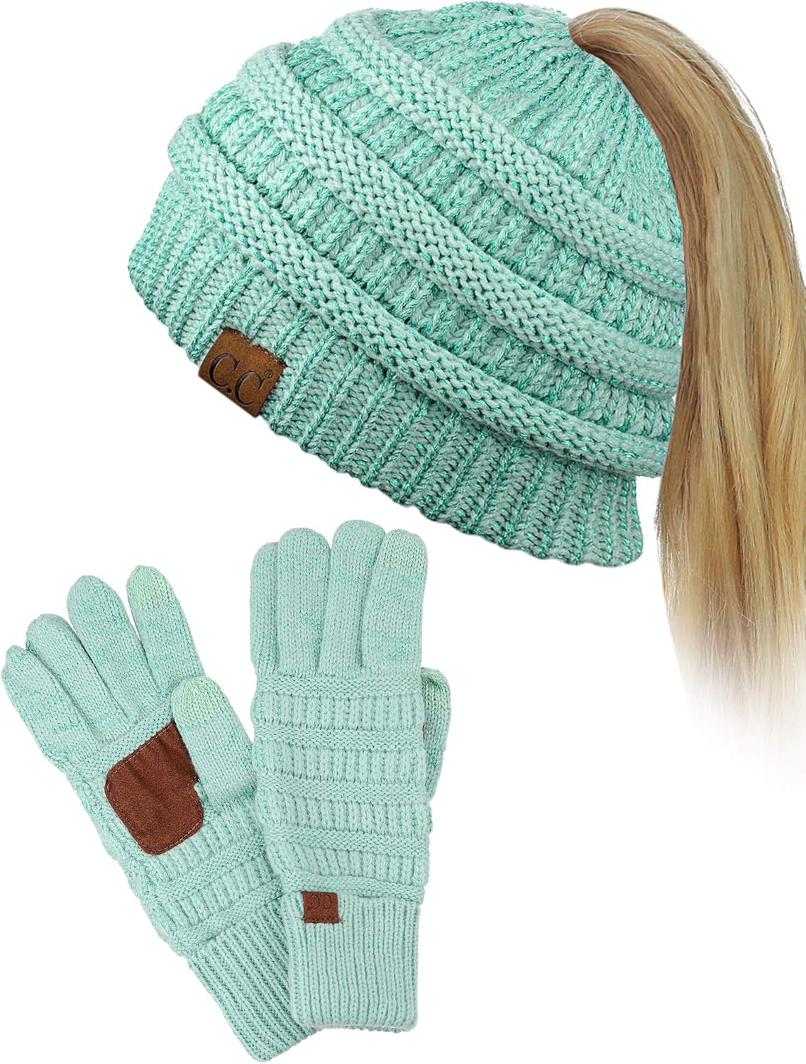 C.C BeanieTail Messy High Bun Cable Knit Beanie and Anti-Slip Touchscreen Gloves Set