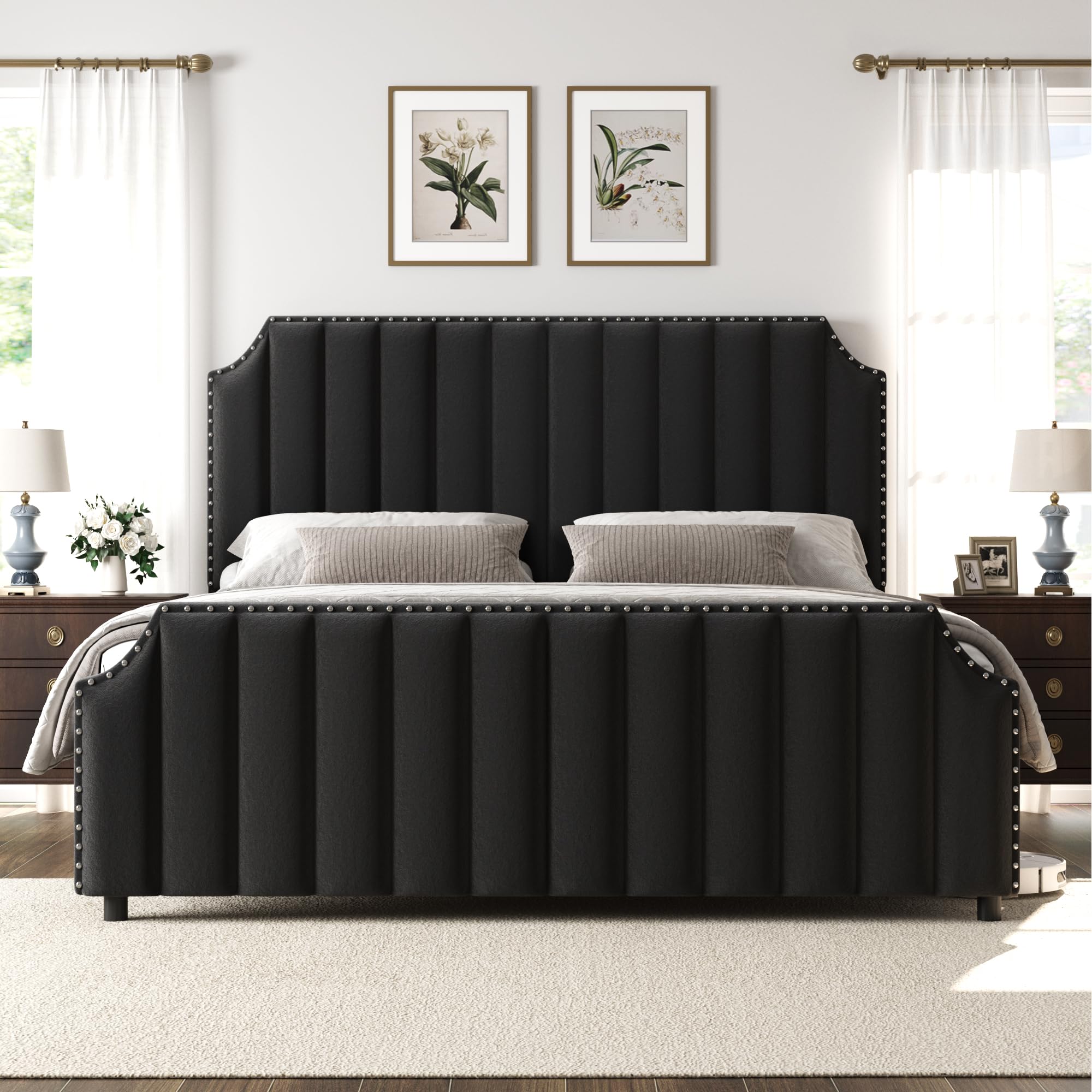 GarveeHome Queen Size Platform Bed Frame with 50.2 in Tall Headboard, Velvet Upholstered Bed Frame with Vertical Channel Tufted Headboard & Footboard,