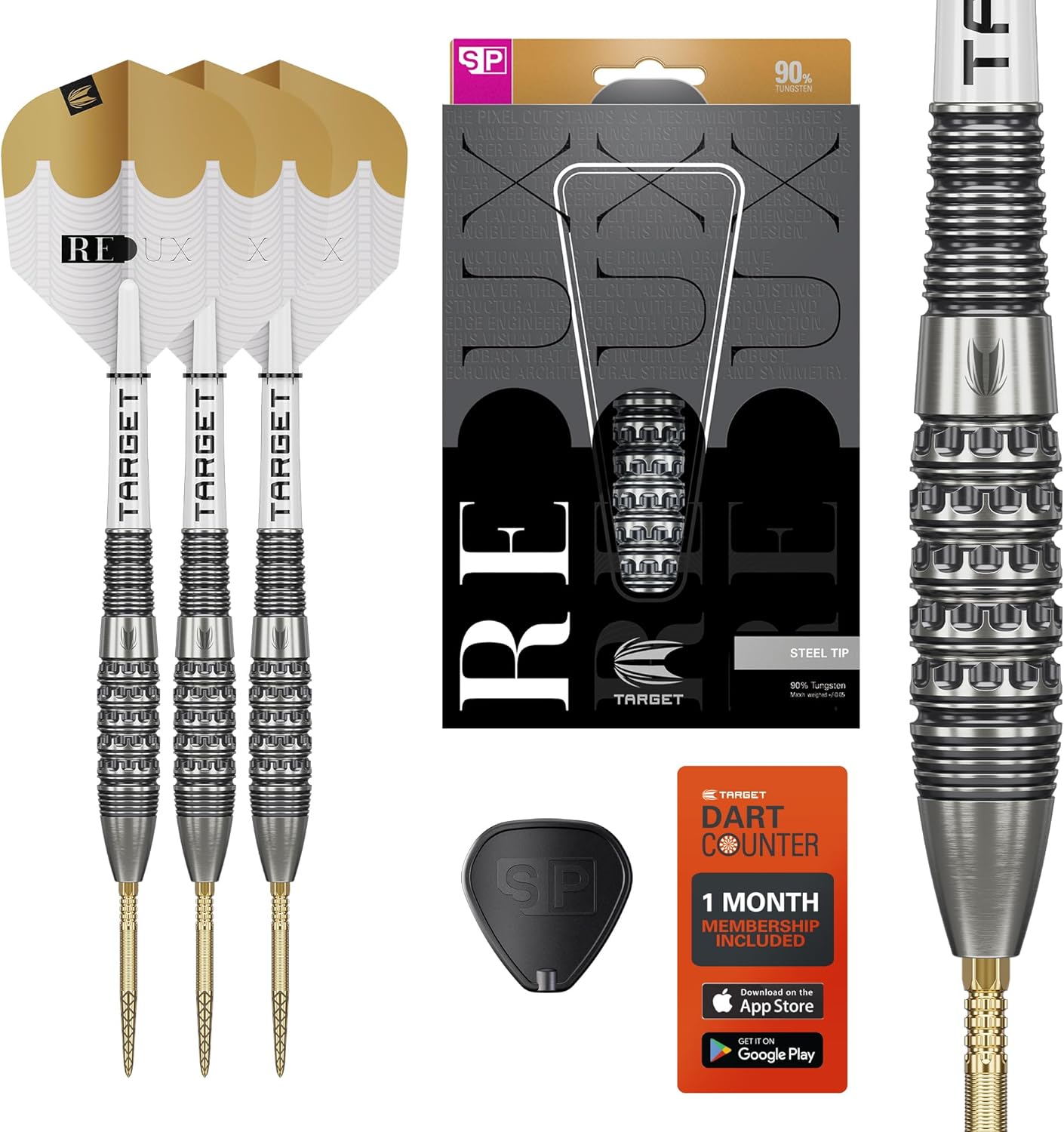 Target Darts Redux 90% Tungsten Swiss Point Steel Tip Dart Set (Barrel 01/02/03), 22G/23G/24G/25G/26G | Pro Ultra No.6 Flights & Pro Grip Tag Shafts, DX Points Gold & SP Tool Included
