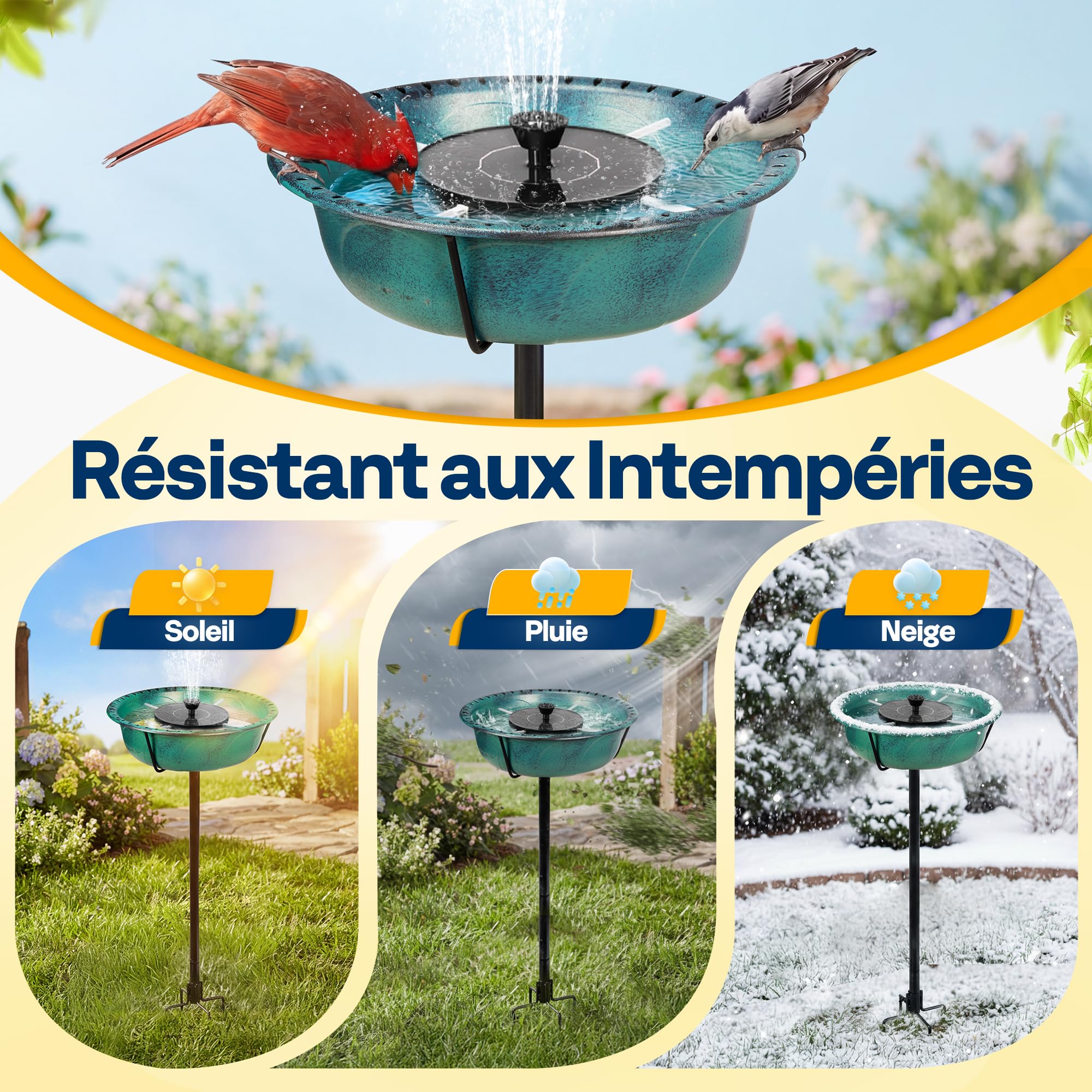 VIVOHOME Fontaine Solaire pour Bain d'oiseaux en Polyresine, Hauteur 74cm, Mangeoire Extérieure sur Pied avec Tige en Métal, Base à 5 Pointes
