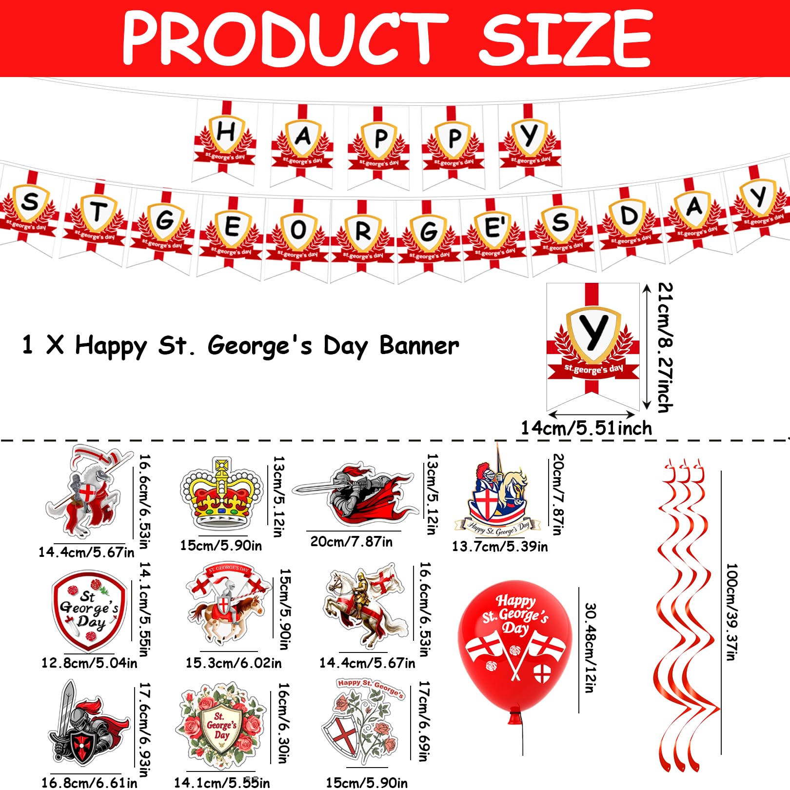 St Georges Day Decorations - Happy St. George's Day Banner, Swirls, Balloons for England National Backdrop Decorations — view 2