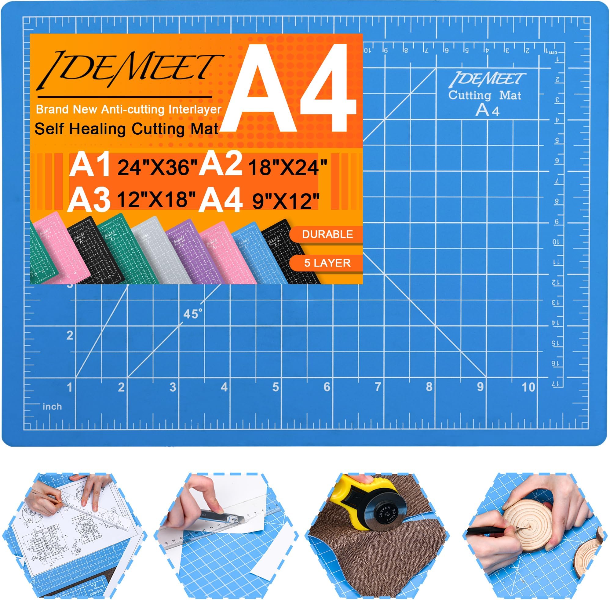 Thickened 9"x12" Self Healing Cutting Mat, Rotary Cutting Sewing Mat for Crafts, 5-Ply Blade Table Protector Cut Board for Fabric Leather Cutting Quilting Modeling Hobby Project, A4, Blue