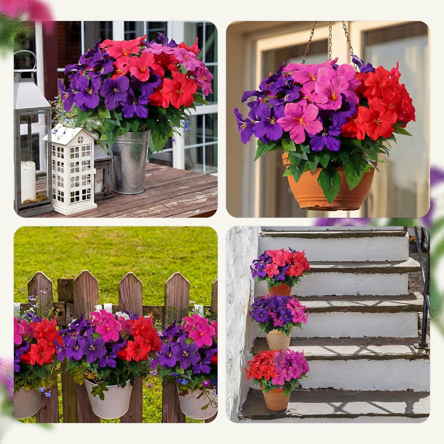 Suncalla 6 Bundles 11 Heads Artificial Azalea Flower Bouquet 14.2 Inches Realistic Faux Flowers Plants for Outdoor and Home Decor for Porch, Patio, Garden, and Window Walkways(Red,Rose Red, Purple)