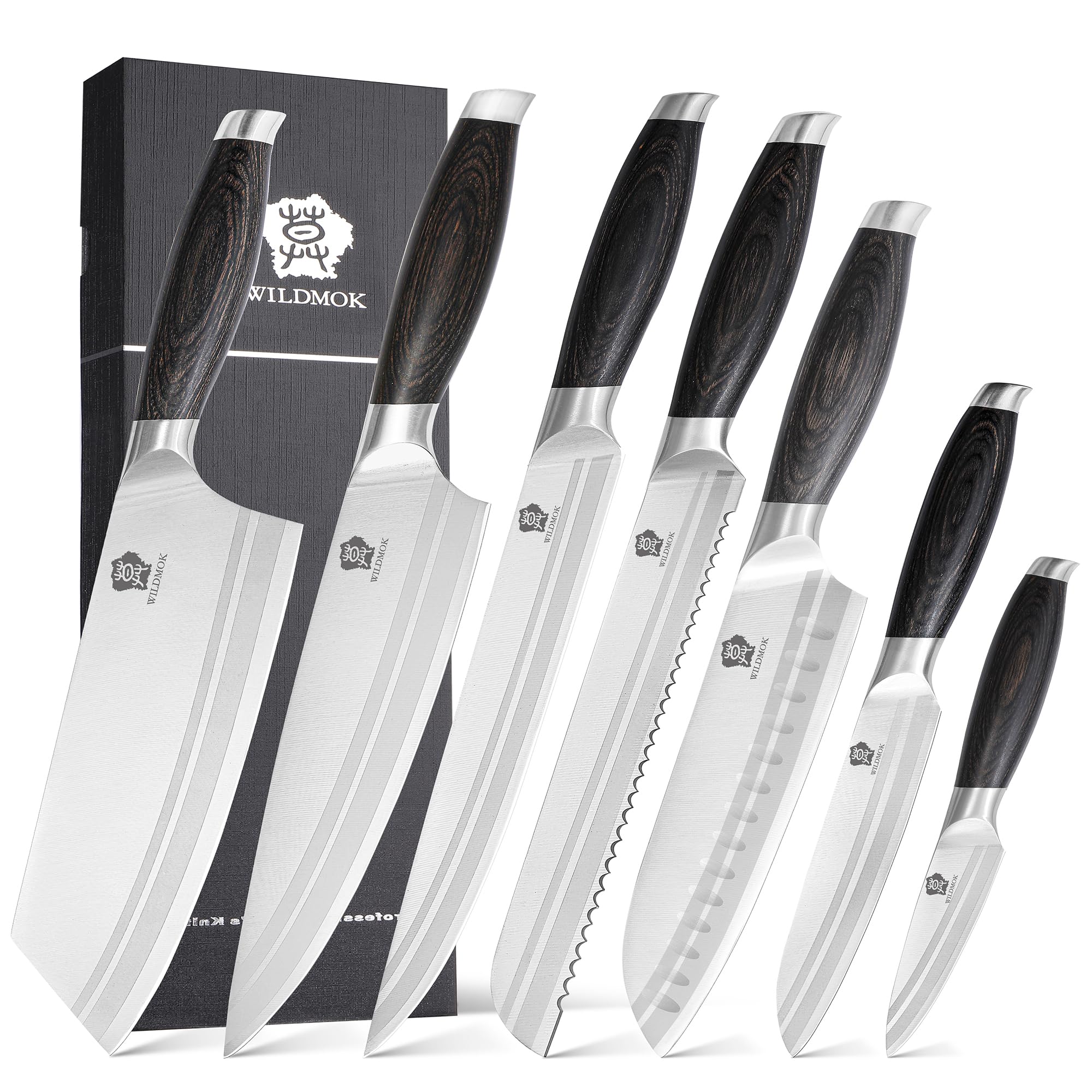 WILDMOK Set di coltelli da cucina a 7 pezzi professionale, set di coltelli da chef affilato in acciaio inossidabile tedesco con manico nero pakkawood, scatola regalo