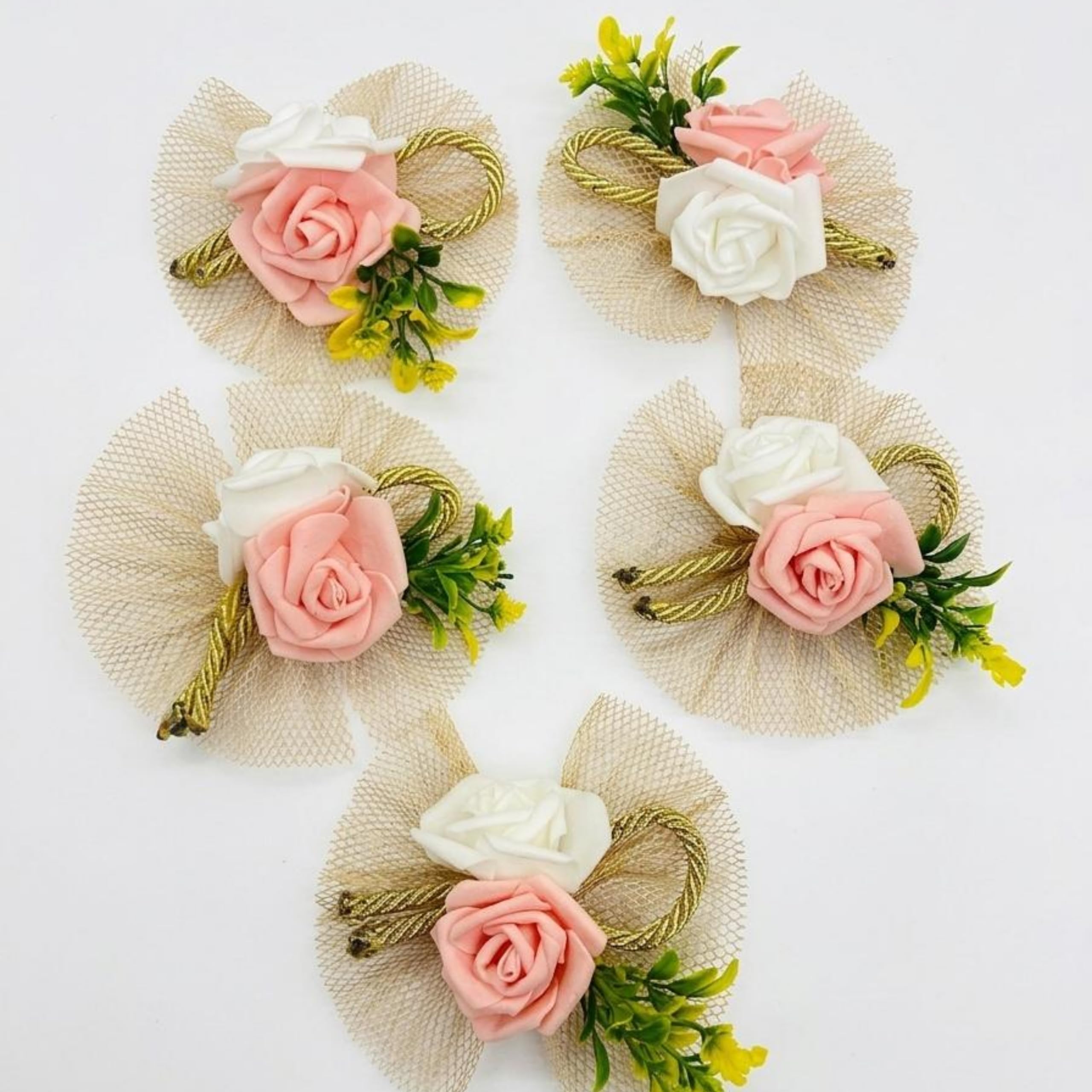 FLOWID Handmade Artificial Flower Bunch for Gift Packing, Trousseau Packing I Flower Brooch Hamper I Tray Decoration I Gifting & Wedding - Pack of 5 (Multicolor 8)-image-28