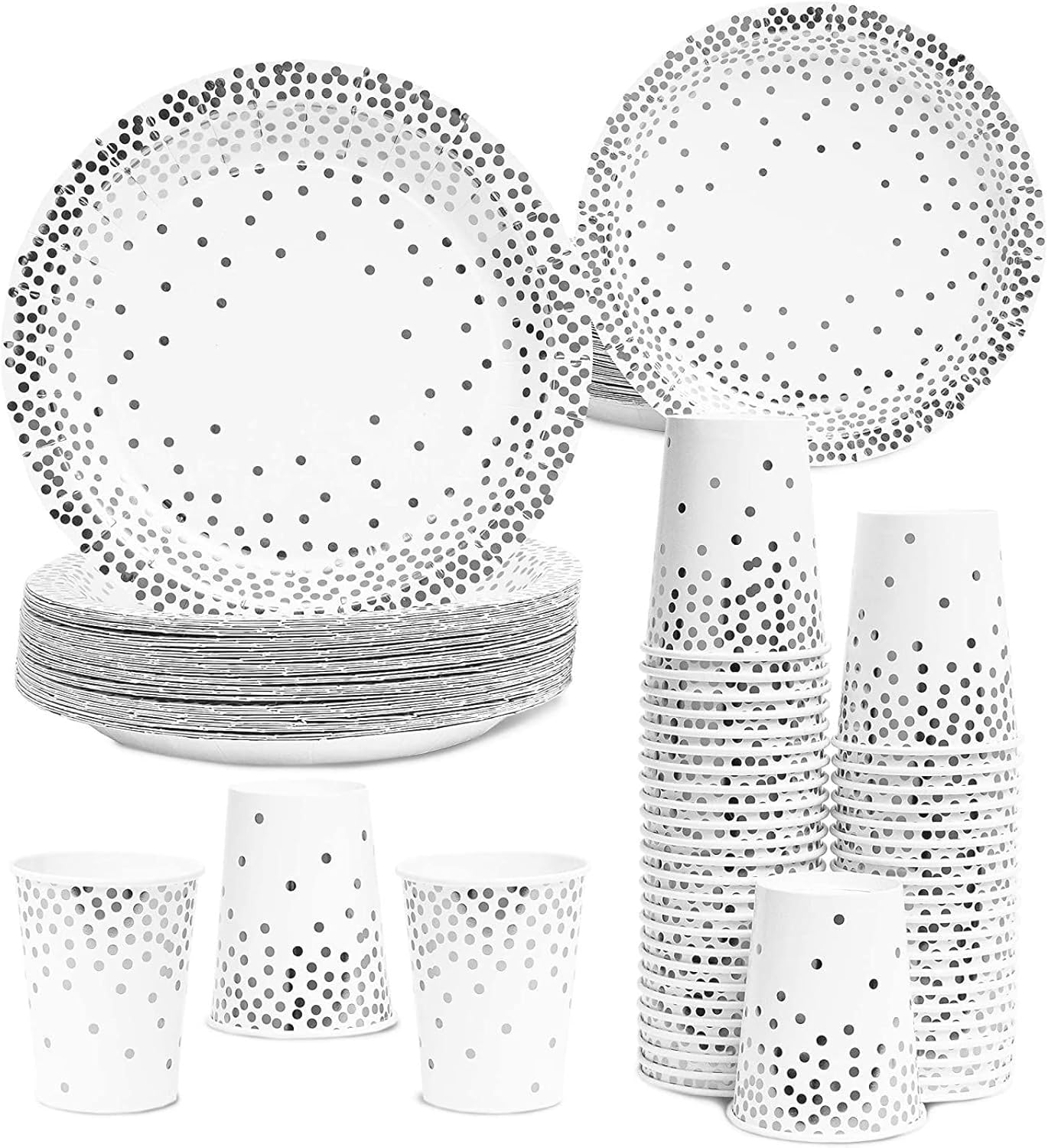 150 Piece Silver Polka Dots Paper Plates and Cups