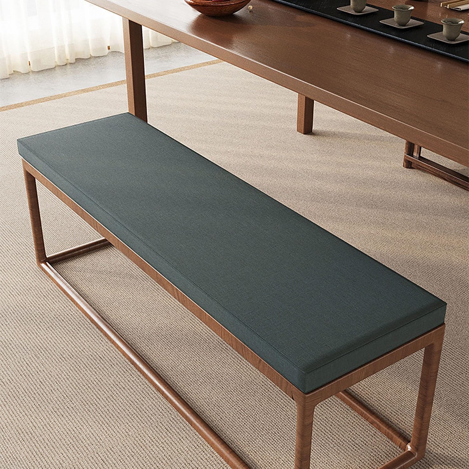 Coussin de banc bleu 95x35x5cm matelassé pour assise de jardin et banquette de terrasse