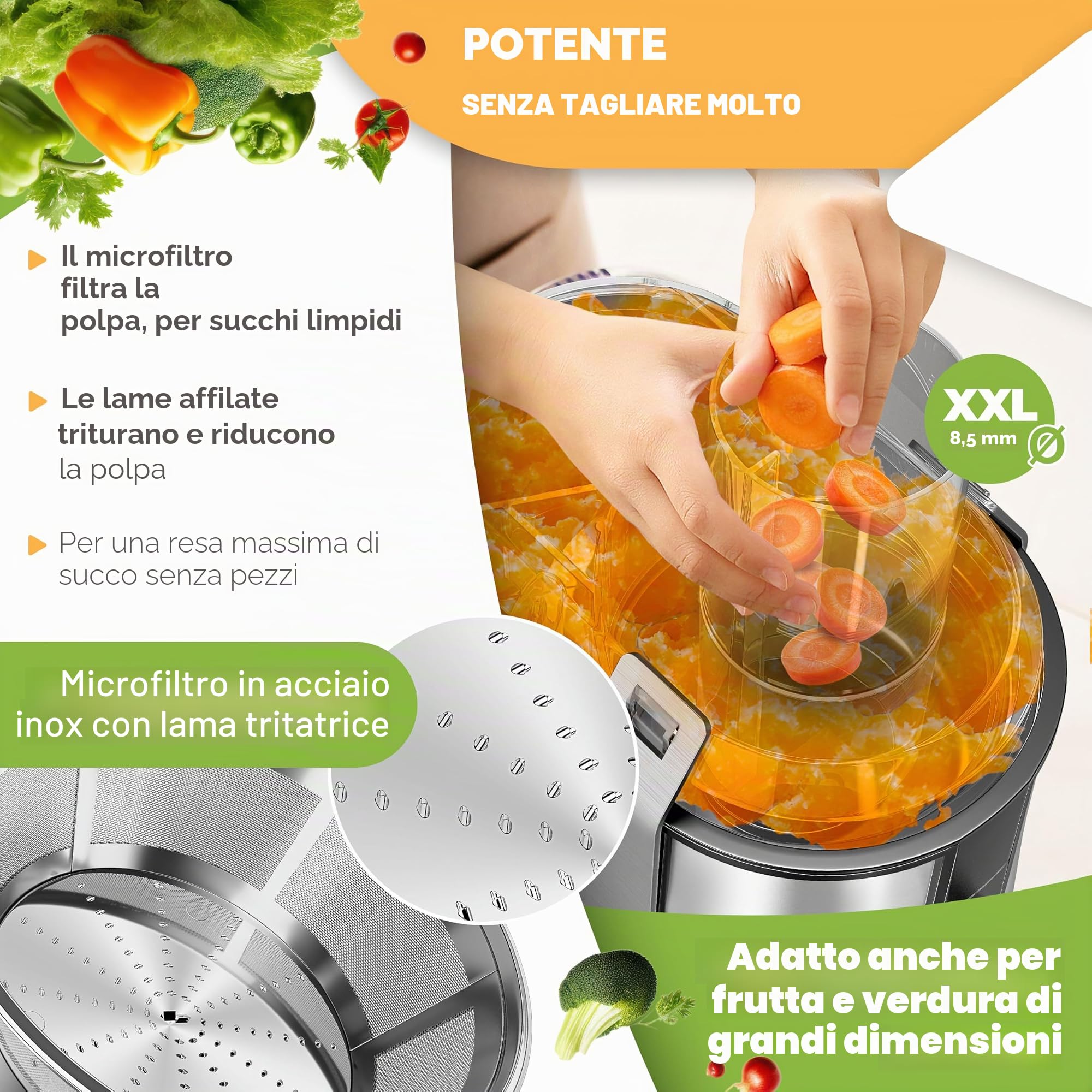 KESSER - Centrifuga Frutta e Verdura, 800W Estrattore di Succo a Freddo con 85MM Bocca Larga, Centrifuga in Acciaio Inox a Doppia Velocità con Funzione Antigoccia, Facile Pulizia, Senza BPA