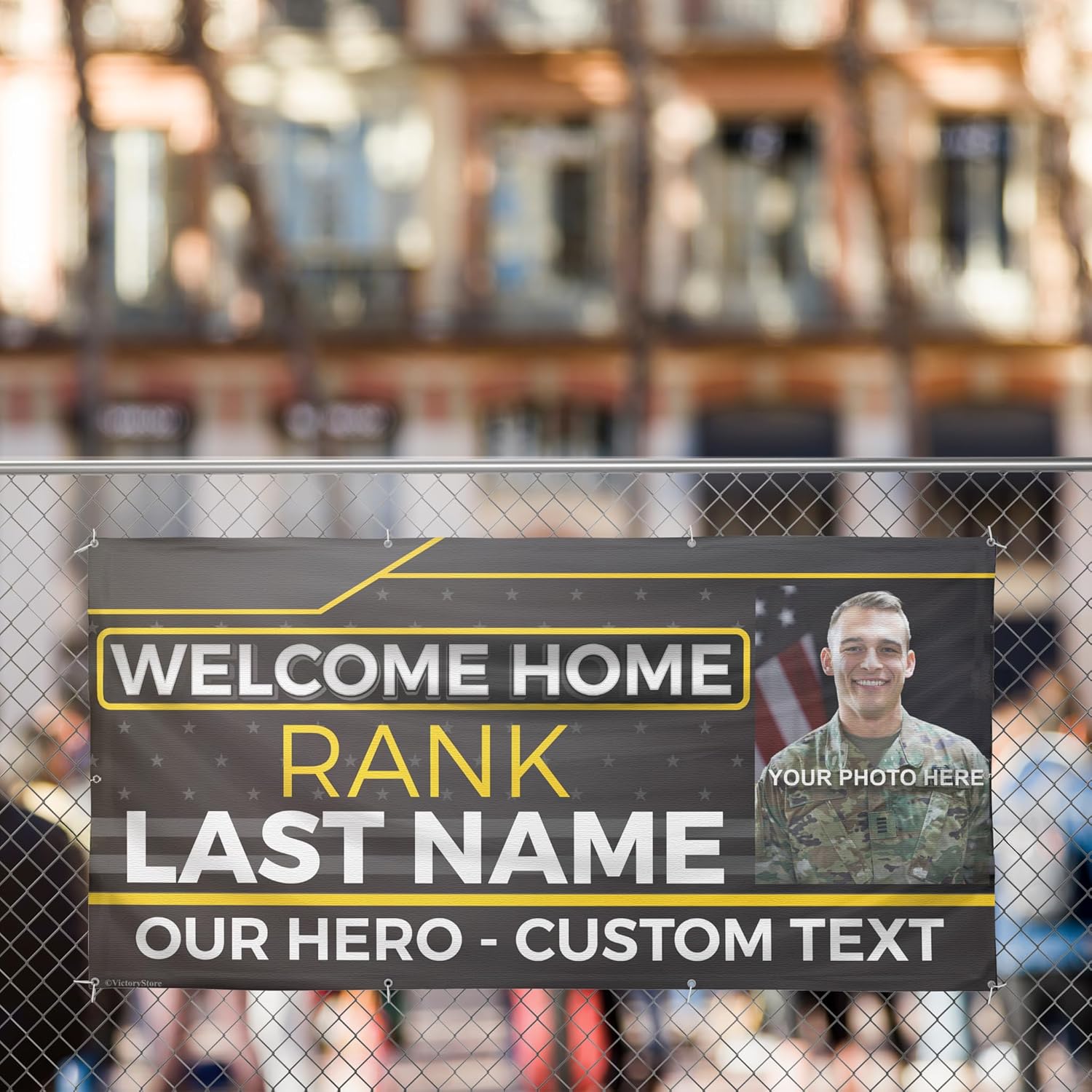 Custom Military Welcome Home Banner – Personalized Army Homecoming, Black & Yellow | Waterproof Outdoor Banner with Grommets Every 2 Feet | Made in the USA by VictoryStore (2X4 Feet)