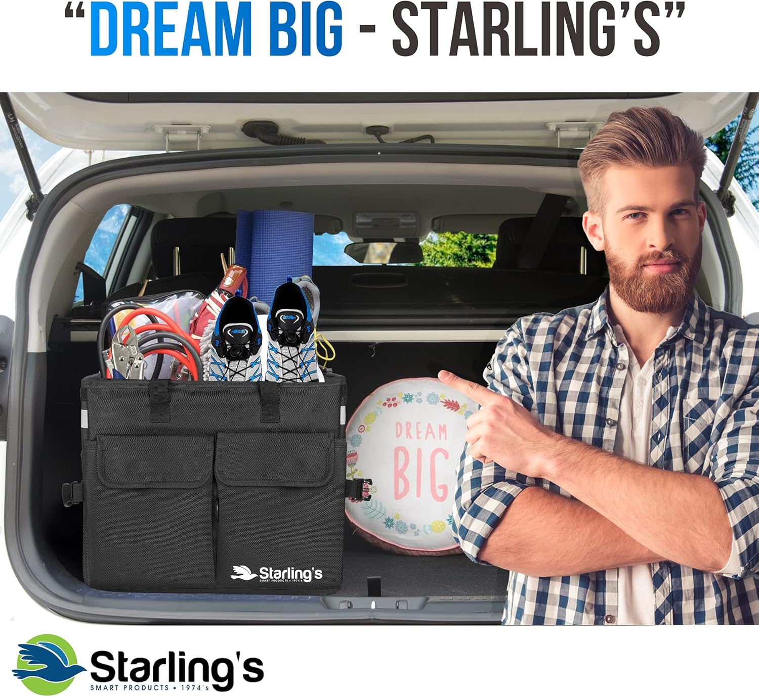 Starling's Car Trunk Organizer Super Strong, Foldable Storage Cargo Box for SUV, Auto, Truck Nonslip Waterproof Bottom, Fits any Vehicle, Come w Adjustable TieDown Straps W LID (Black, 2