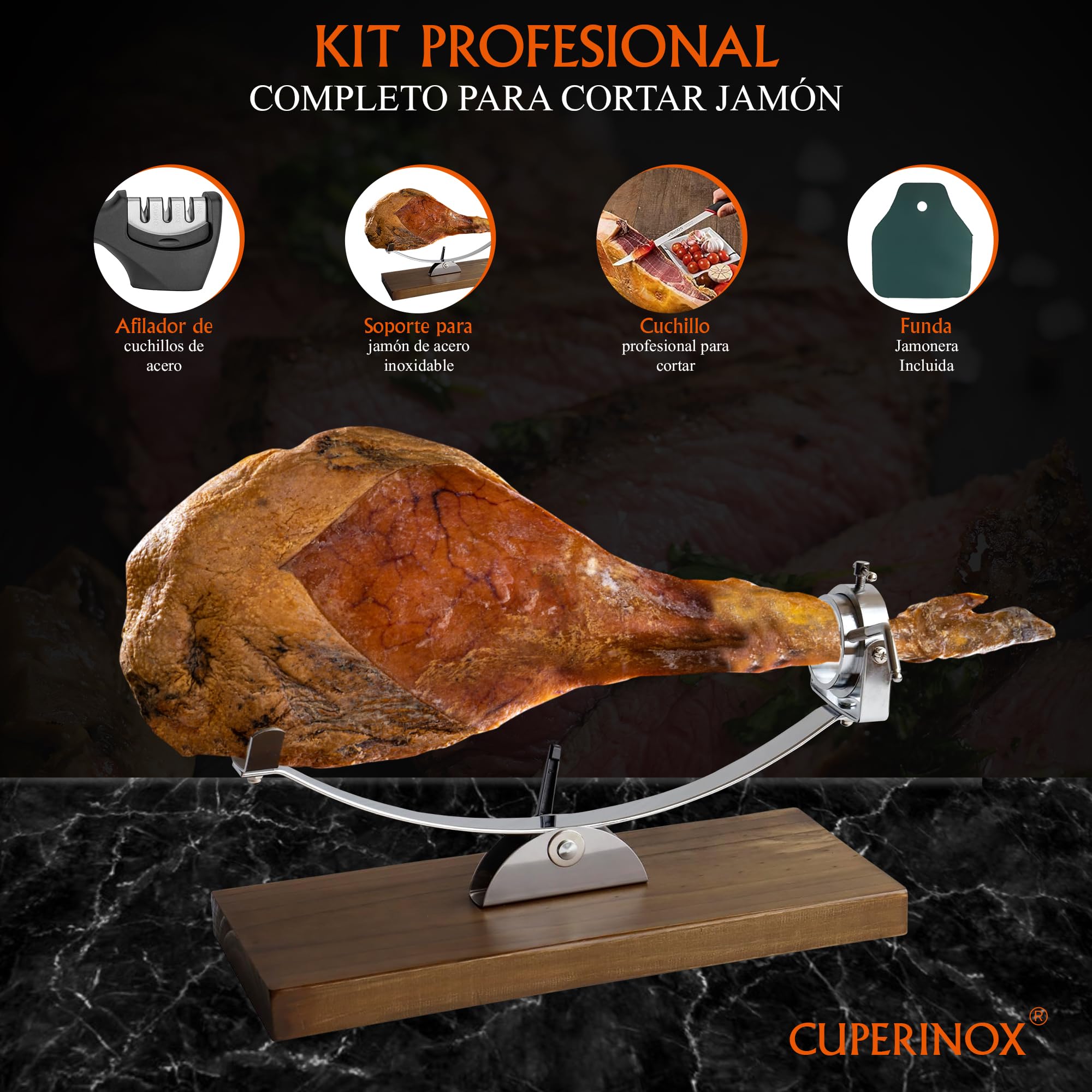 Soporte Jamonero Balancín | Jamonero Giratorio Profesional | Jamonero Madera | Incluye Cuchillo Profesional, Afilador Funda Cubre Jamón| Jamoneros Elite Collection