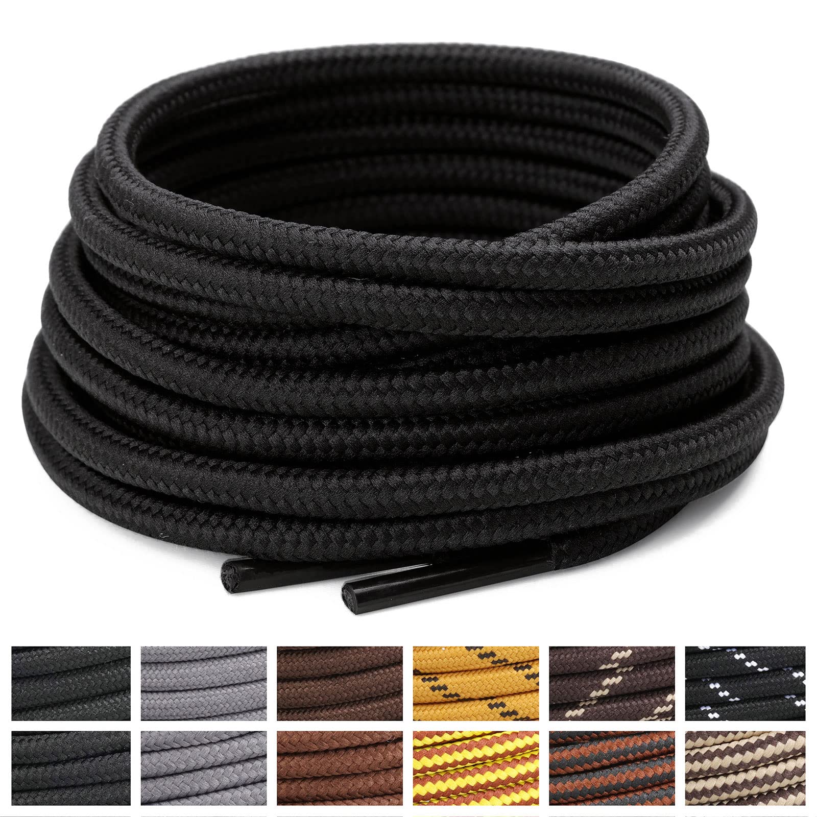 Stepace Rund Schnürsenkel [2 Paar] Reißfest Schuhbänder für Wanderschuhe Arbeitsschuhe Trekkingschuhe, ca. 4,5 mm Durchmesser, 70 cm - 180 cm Länge Schwarz 70(Geringe Dichte)