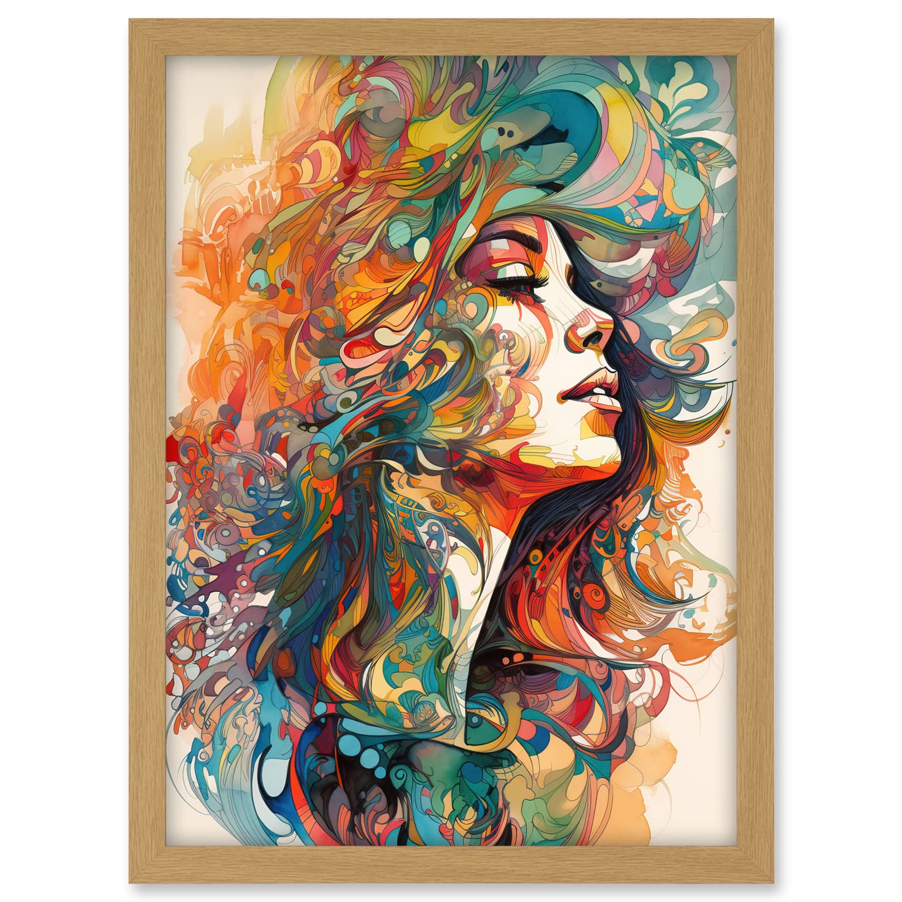 Artery8 Iris Goddess of Rainbows Multicoloured Flowing Hair Deity Portrait Modern Watercolour Illustration Artwork Framed A3 Wall Art Print