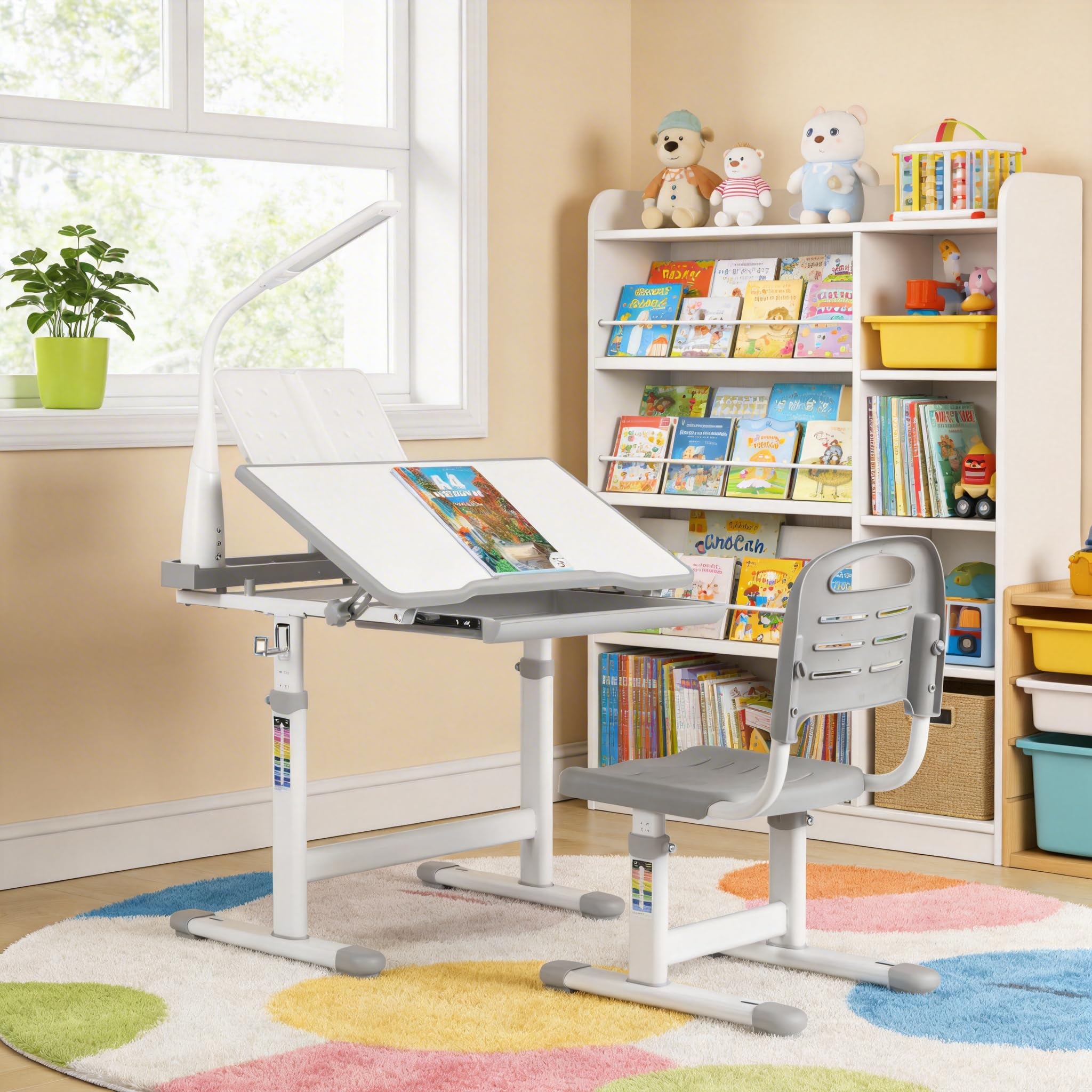 MAMIZO Kinderschreibtisch und Stuhl Set, Höhenverstellbarer Kinder Schreibtisch und Stuhl Set, Schülerschreibtisch, Jugendschreibtisch Multifunktionaler, Lampe und LesestäNder (Grau)