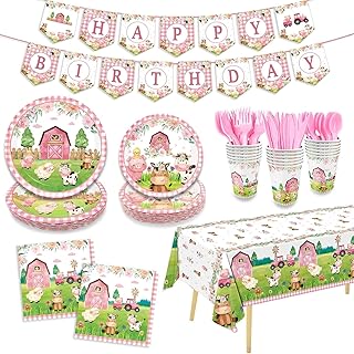 171Pcs Farm Animals Party Supplies Tableware Set Cute Pink Animal Baby Shower Includes Paper Plate Napkins Cups Farm Tablecloth Banner Dinnerware for Farm Birthday Party Barn Animal Theme Party