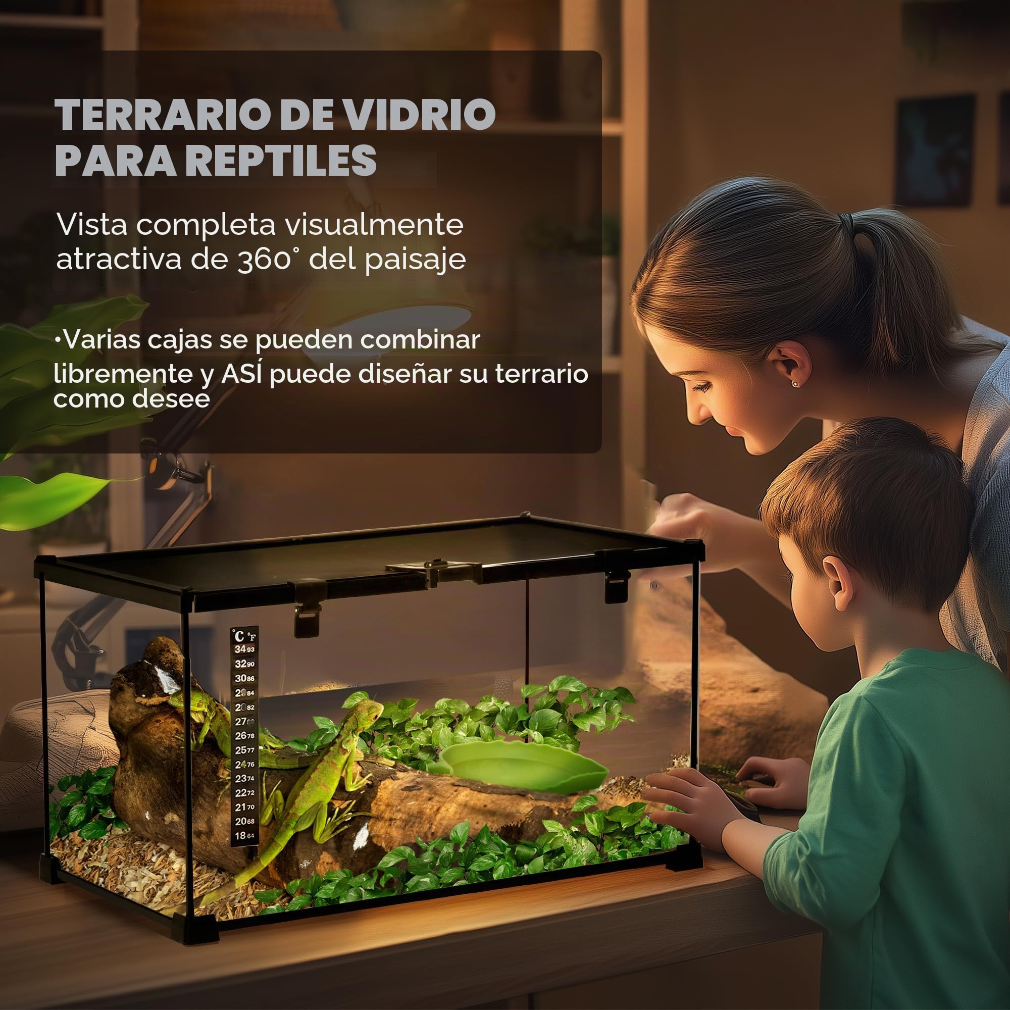 PawHut Terrario para Reptiles, terrario de Cristal, Anfibios, arácnidos, con termómetro, Caja de Cultivo de Reptiles, Metal, Color Negro, 50 x 30 x 25 cm