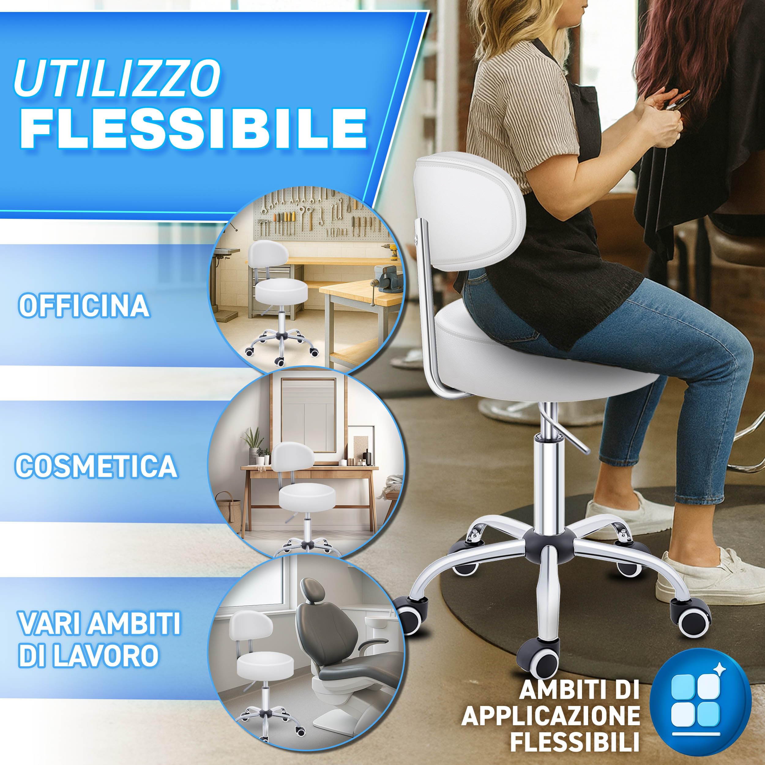 TRESKO Sgabello a rotelle con schienale bianco, regolabile in altezza 46-58 cm, sgabello girevole con ruote, sedia da ufficio, sgabello girevole per cosmetici