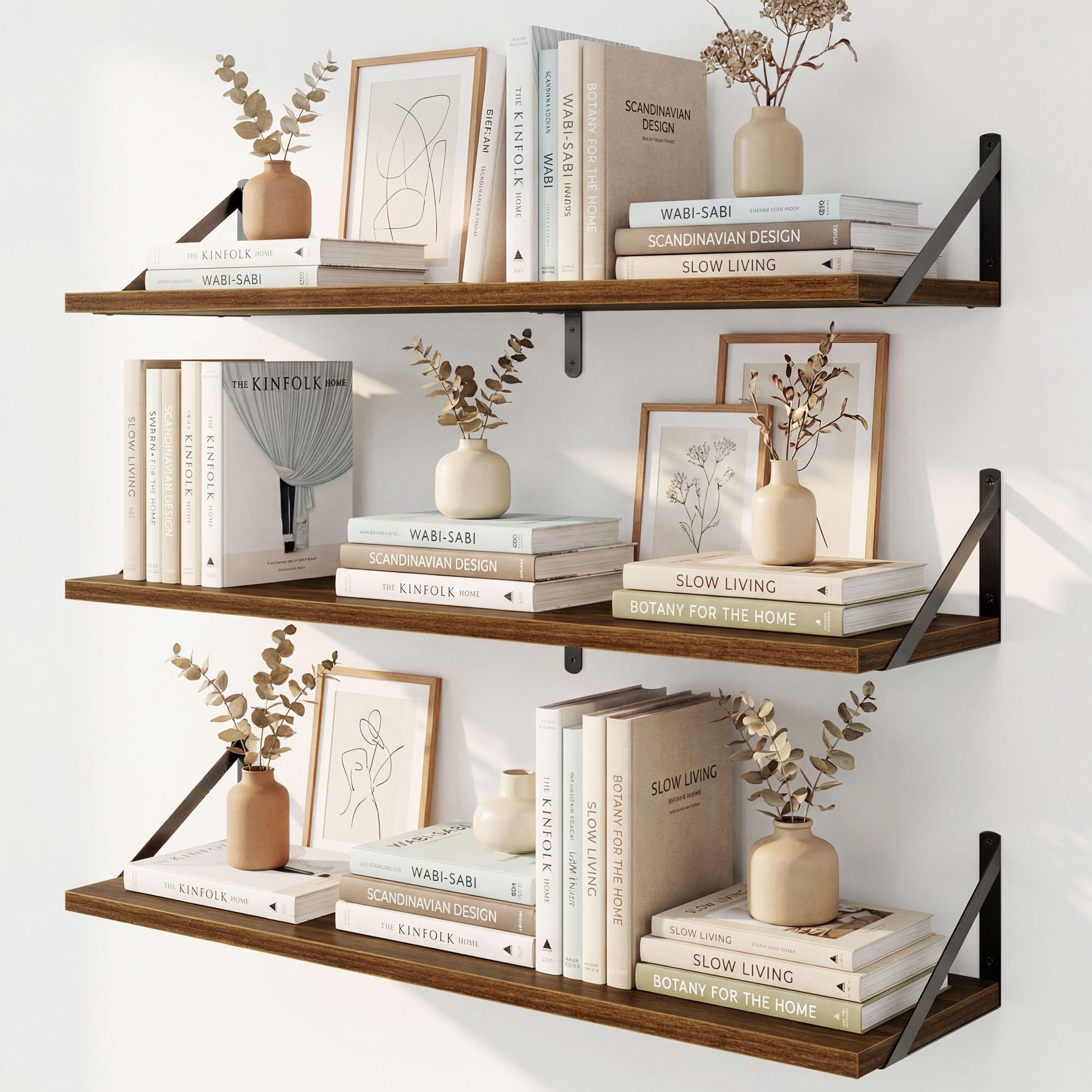 Fun Memories Floating Shelves for Wall, 90 CM Long Set of 3 Wall Shelves for Bedroom​,​ Floating Bookshelves with Metal Brackets for Living Room, Kitchen, Bedroom and Laundry Room (Walnut)