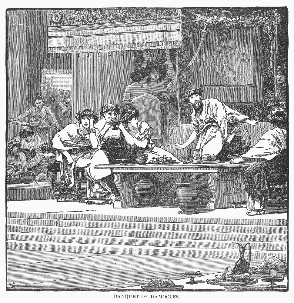 Amazon.com: Damocles (4Th Century BC) Ngreek Courtier Damocles Observes The  Sword Suspended Above His Head While Attending A Banquet At The Court Of  King Dionysius I Of Syracuse Wood Engraving Late 19Th