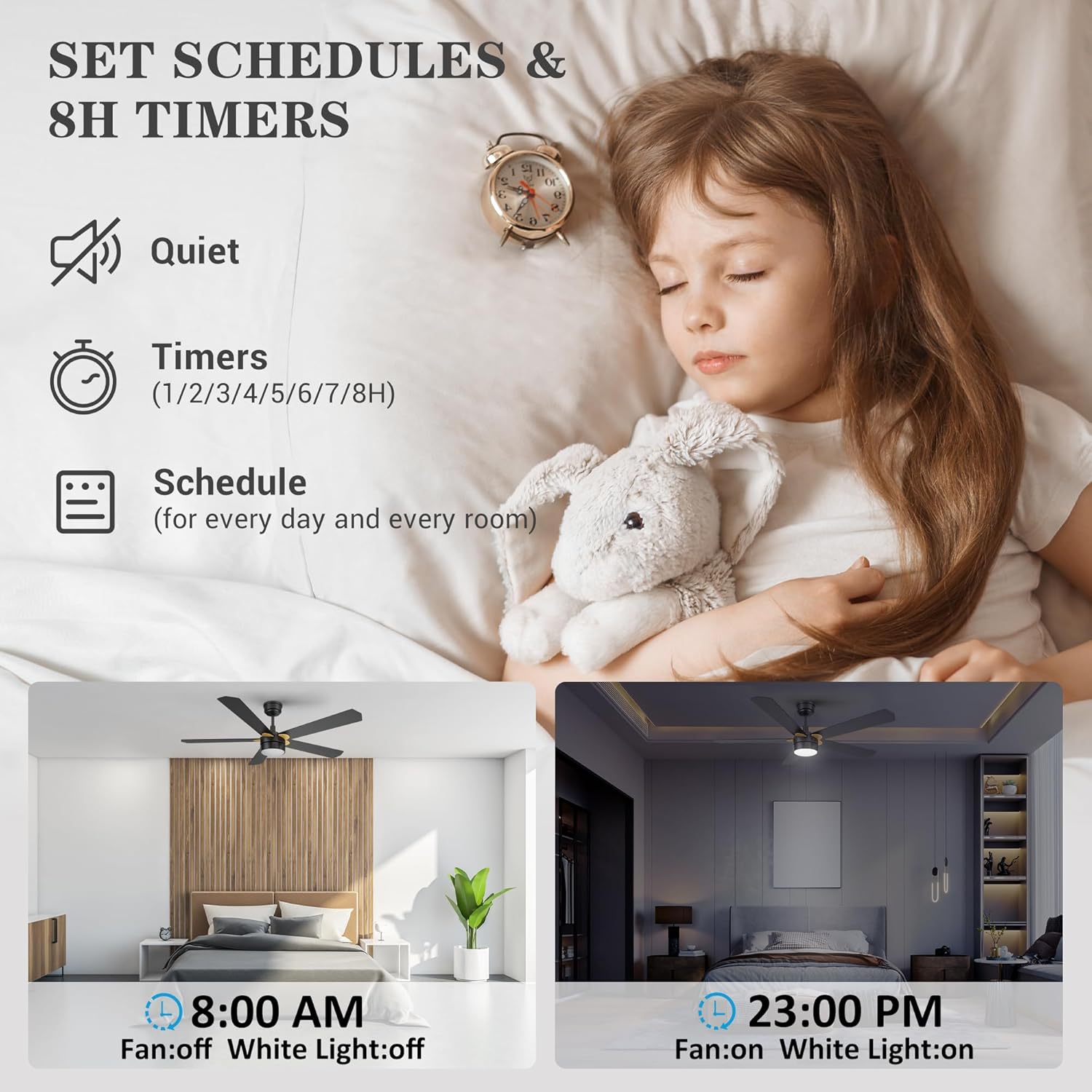 SMAAIR Smart Ceiling Fans with Lights and Remote, 52 Inch Modern Ceiling Fan with Dimmable LED Light for Bedroom, 10-Speed Reversible DC Motor Compatible with Alexa/Google Assistant/Siri (Black/Gold)