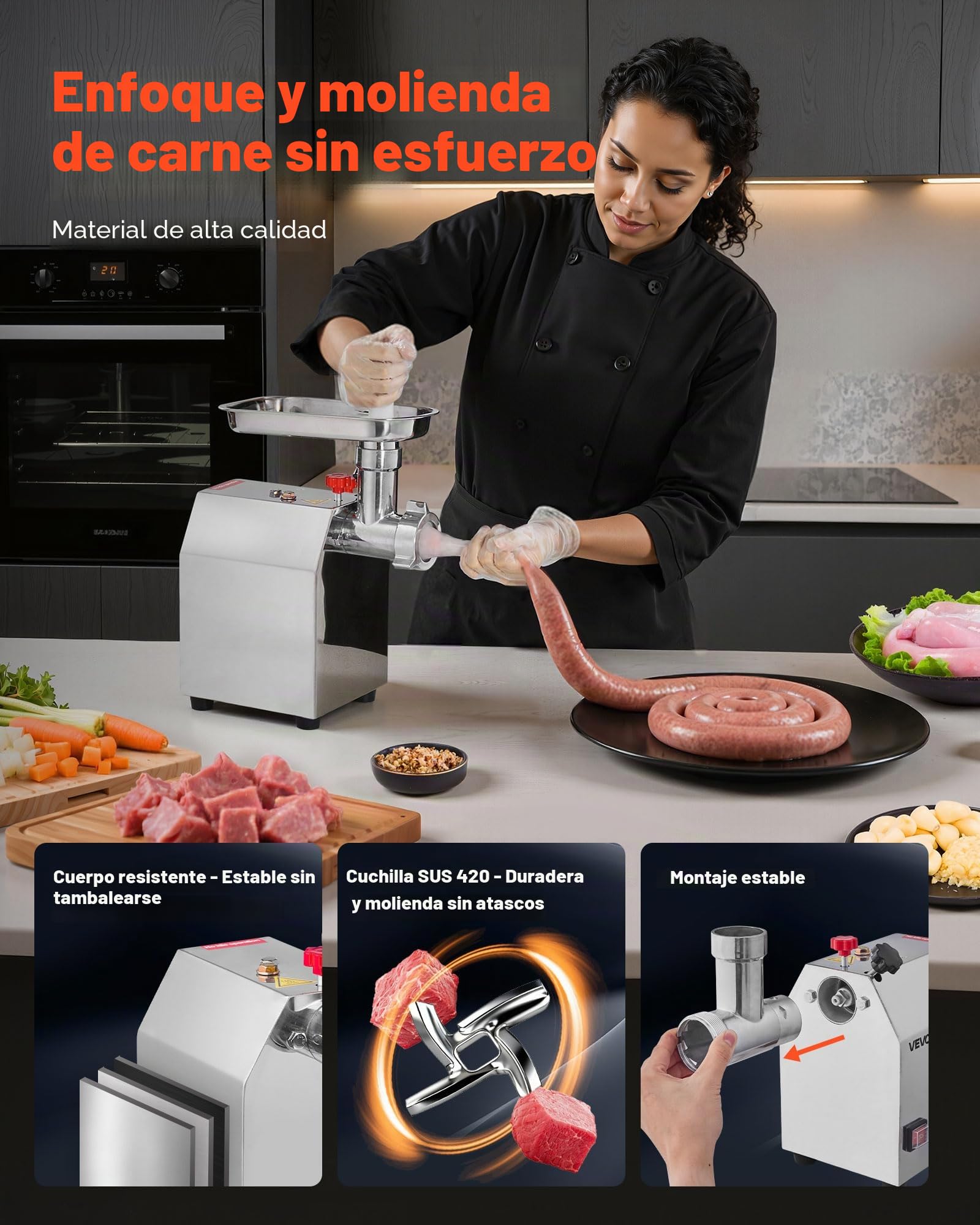 VEVOR Picadora de Carne Eléctrica de Encimera con Cuchilla, Capacidad de 2,3 kg/min, Placa de Molienda, para Hacer Salchichas, de Acero Inoxidable, para Cocina y Restaurante, 292 x 180 x 355 mm