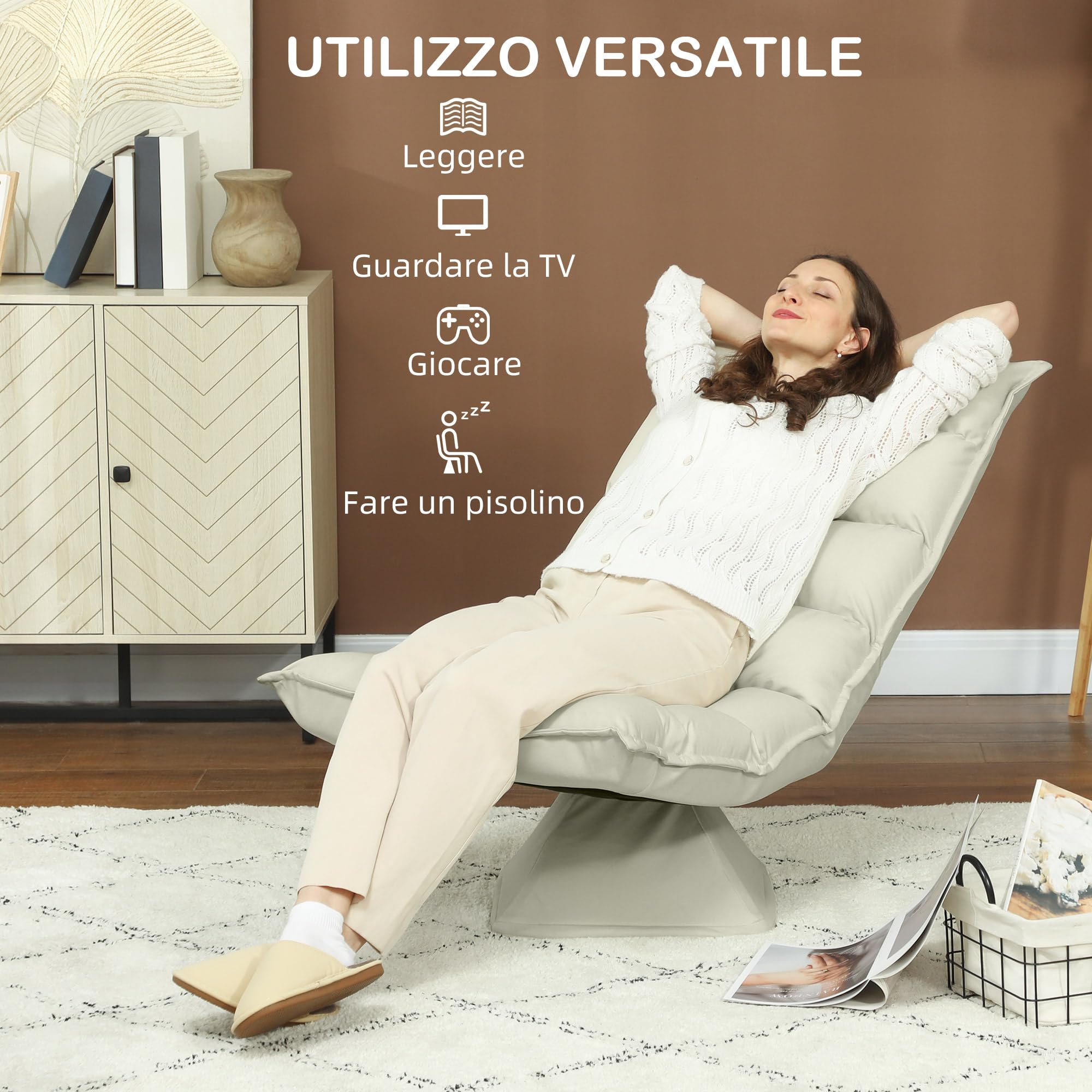 HOMCOM Poltrona Relax Tessuto Imbottita Girevole a 360° 62x70x95cm Beige | Poltrona Reclinabile a 3 Livelli, per TV, Giochi, Lettura, Yoga e Ufficio
