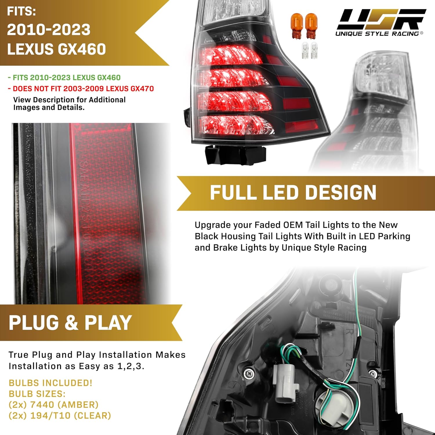 USR 10-23 9700 SUV Tail Light – Rear Tail Lamps Set (Left + Right) Pair - Compatible with 2010-2023 Lexus GX460 Base/Premium All Models (OE F-SPORT STYLE BLACK LED TAIL LIGHTS w/Bulbs & Wire Harness)