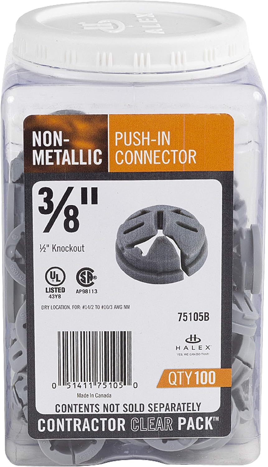 Halex, 3/8 in. - 1/2 in. Knockout Non-Metallic Push-In Connector , 75105B, 100 per pack, Gray, 3/8"