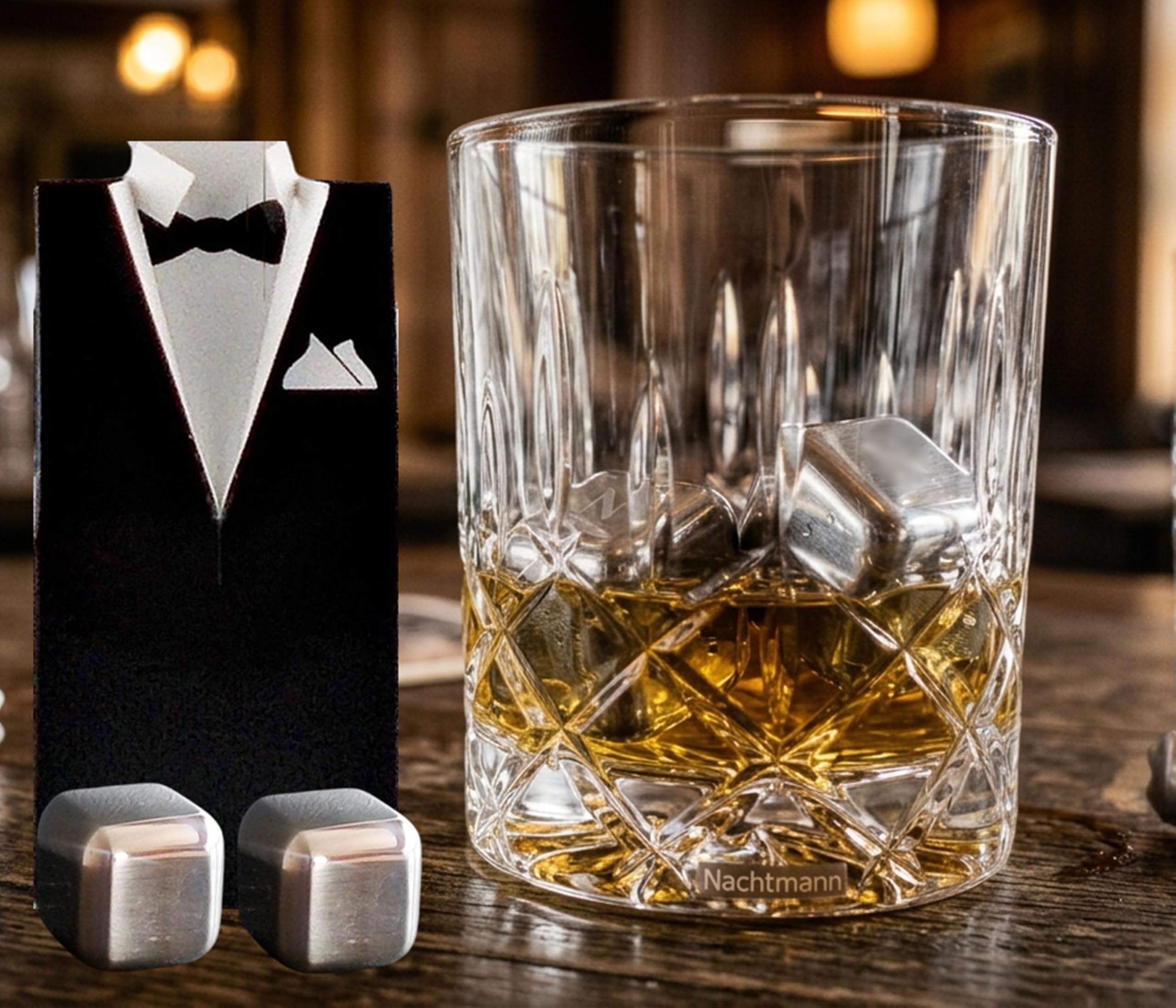 Jameson John irischer Whiskey + Glaskugelportionierer + Whisky Glas + 2 Kühlsteine im Smoking im Geschenk Karton Männergeschenke Whisky Genießer Set