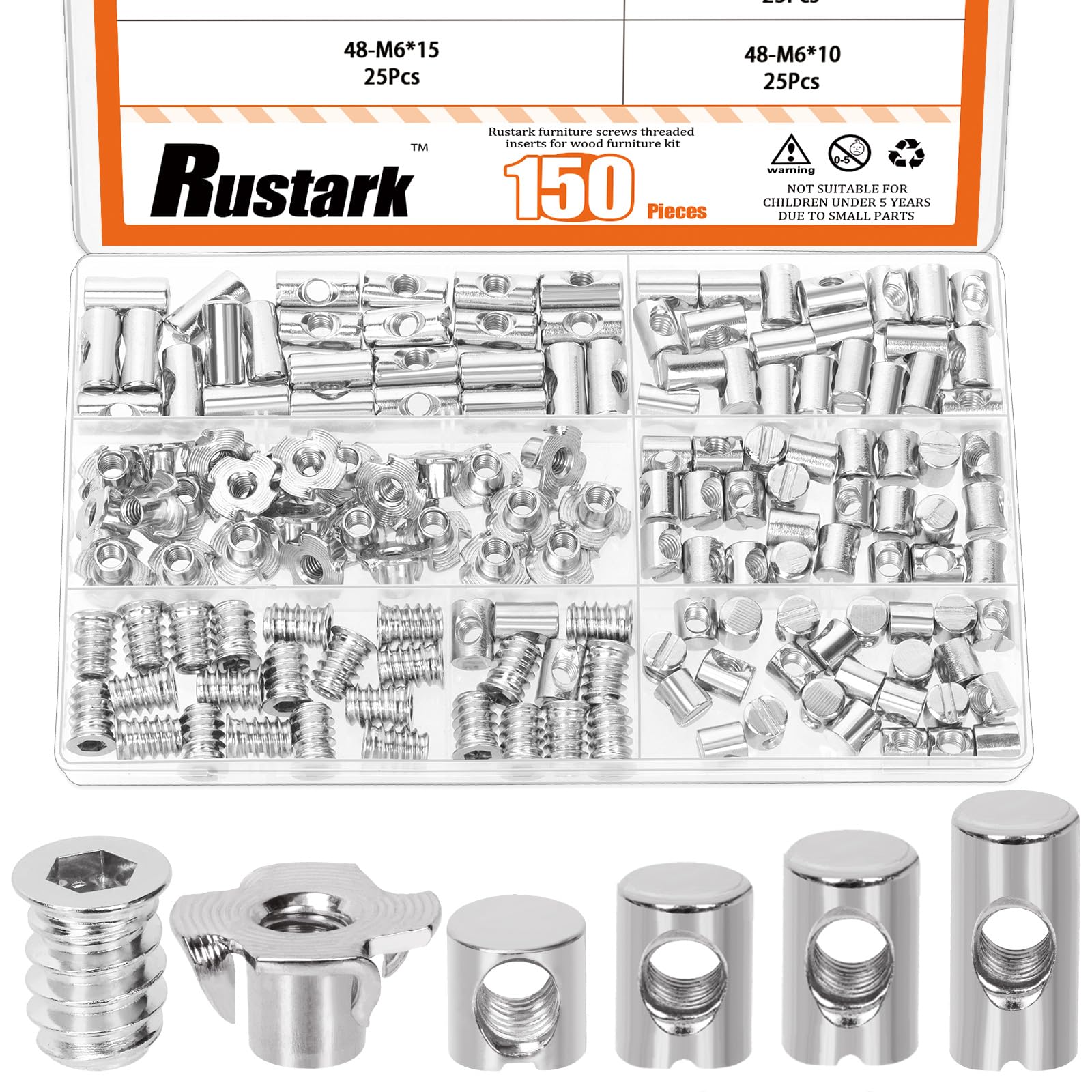Rustark 150Pcs M6 Nickle Barrel Nuts Four-jaw Tee Nuts and Threaded Insert Assortment Kit Metric Cross Dowels Slotted Nut T Nut Wood Inserts Bolt for Wood Furniture Beds Crib Chairs