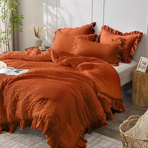 Miniatura 106 de JOLLYVOGUE - Juego de edredón tamaño queen, de 3 piezas, estilo seersucker, ligero y esponjoso para todas las estaciones, con 1 edredón con volantes