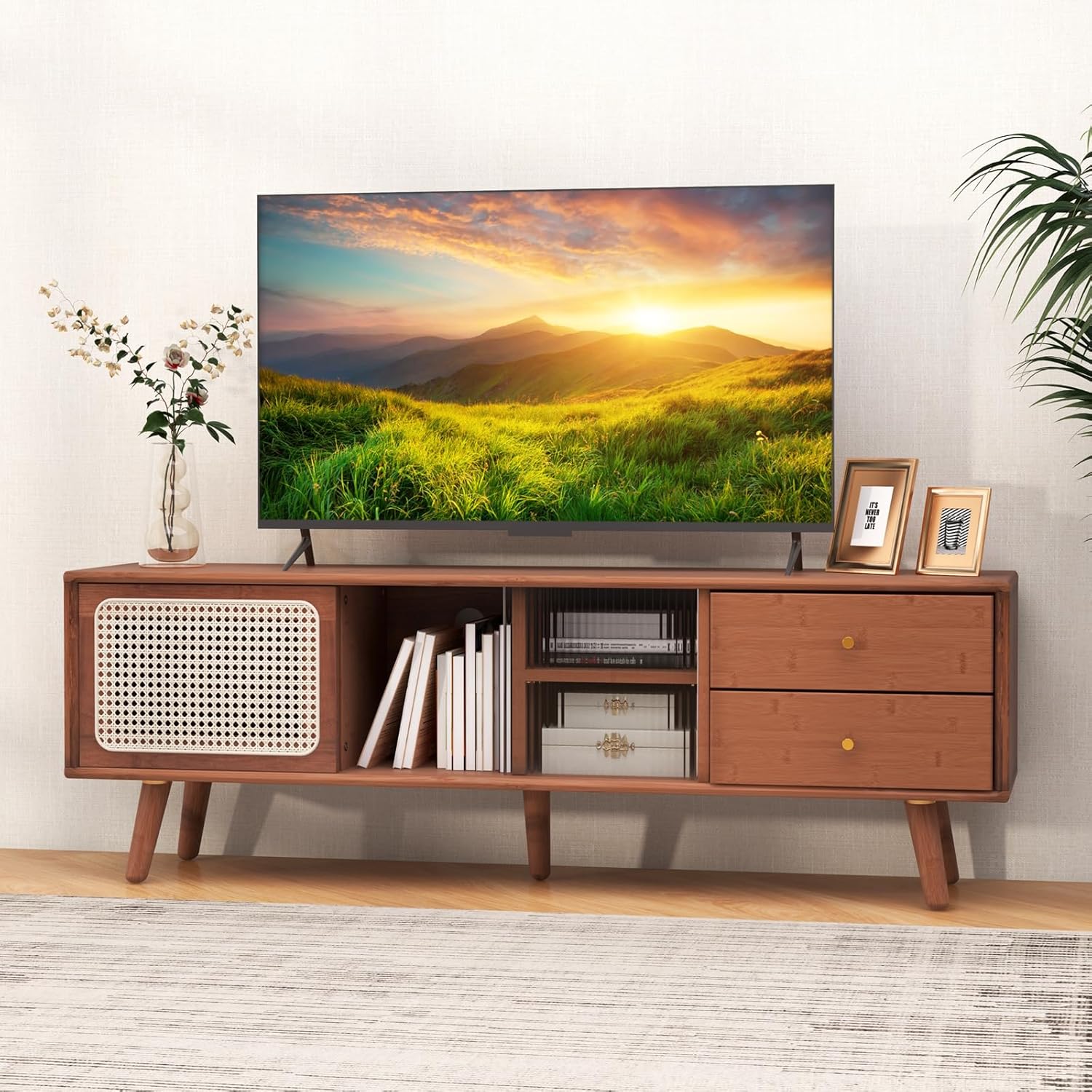 Tangkula Mid Century Modern TV Stand for TVs up to 65", Bamboo Entertainment Center w/Glass & PE Rattan Sliding Doors, 2 Drawers, Adjustable Shelf, Wood Legs, Media Console (Bamboo 2-Walnut)