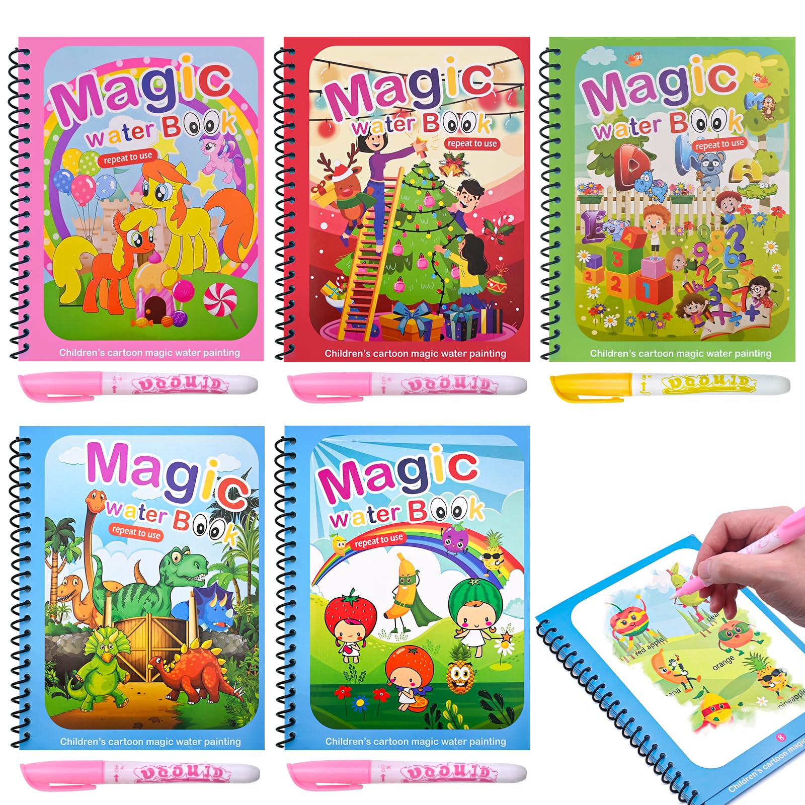 Waterkleurboek, Magic Water Colouring Book met waterstiften, kinderschilder- en kleurboek, reisactiviteiten, educatief speelgoed, cadeau voor jongens en meisjes vanaf 3 tot 8 jaar, 4 stuks