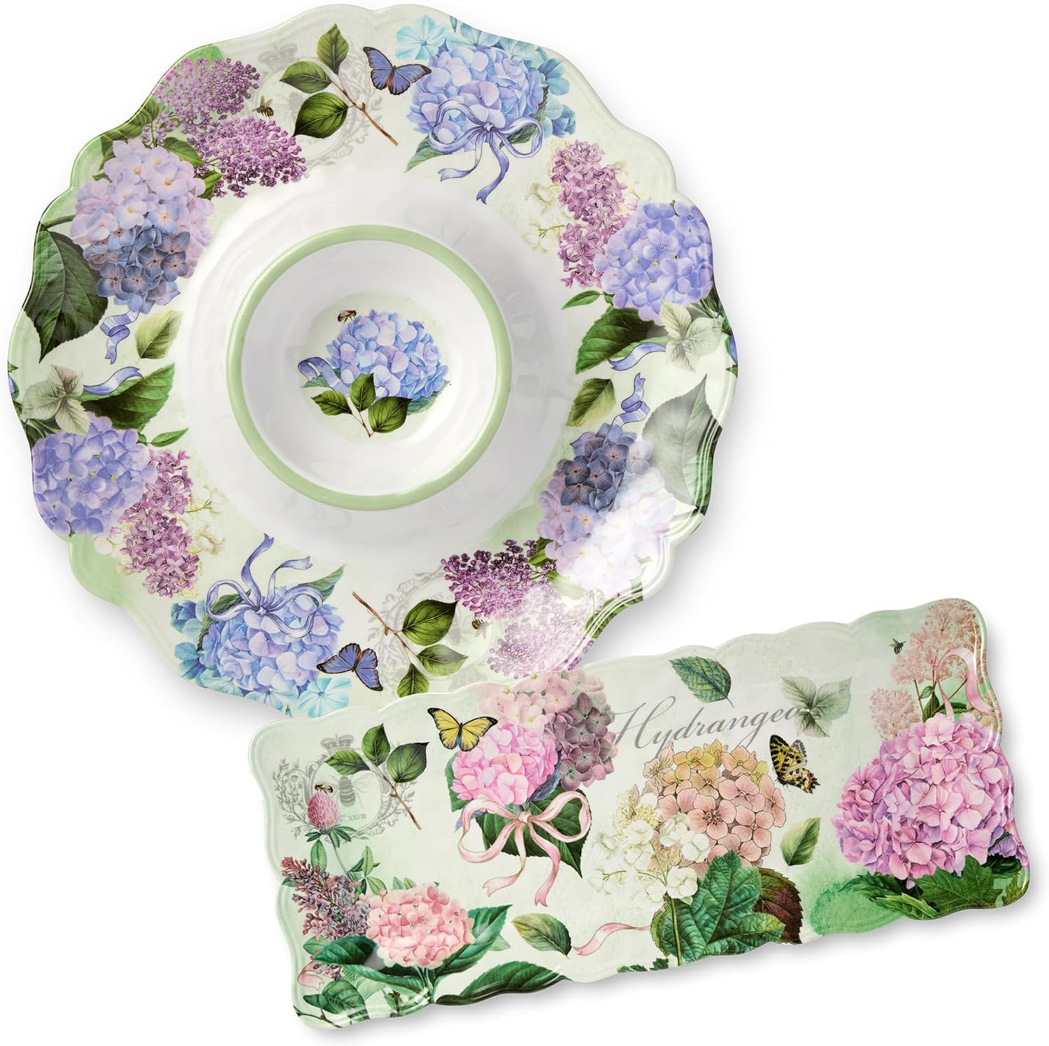 Certified International Garden Path Melamine 2-Piece Appetizer Hostess Set – Chip & Dip Platter 14.5" and Rectangular Serving Tray 19" x 8", BPA-Free, Pink, Purple, and White Hydrangea Design