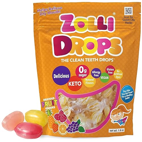 Zolli Drops Clean Teeth Candy, Sugar-Free, Assorted Fruit Flavors, 1.6 oz | Zero sugar, dentist-approved treats for kids help prevent cavities w/ xylitol; diabetic & keto diet-friendly; dye-free