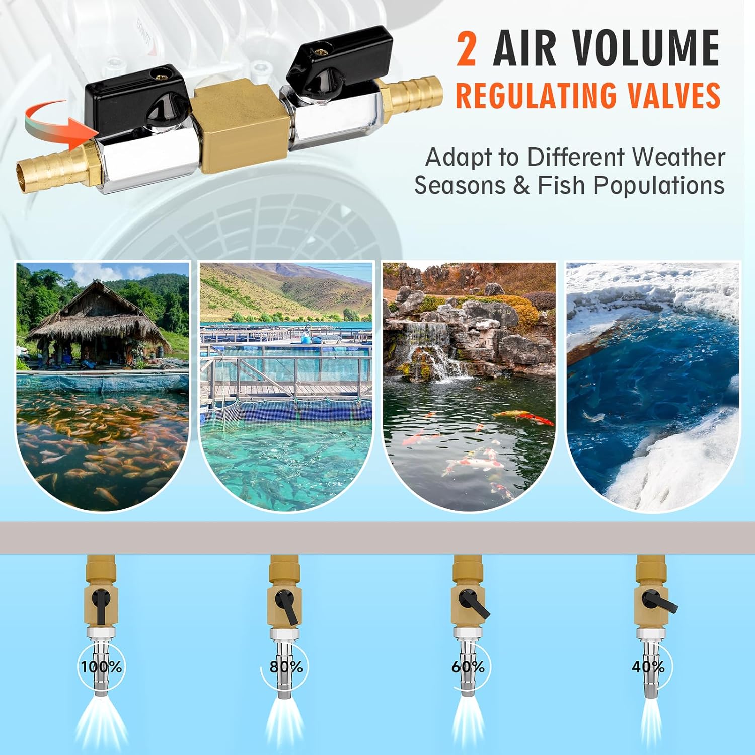Pond Aerator, 3/4 HP Compressor for Up to 3 Acres, Dual Adjustable Outlets, Timer, Valves. Bubbler Up to 60 Feet Deep, Pond Aerators/Pond Pumps for Outdoor Ponds