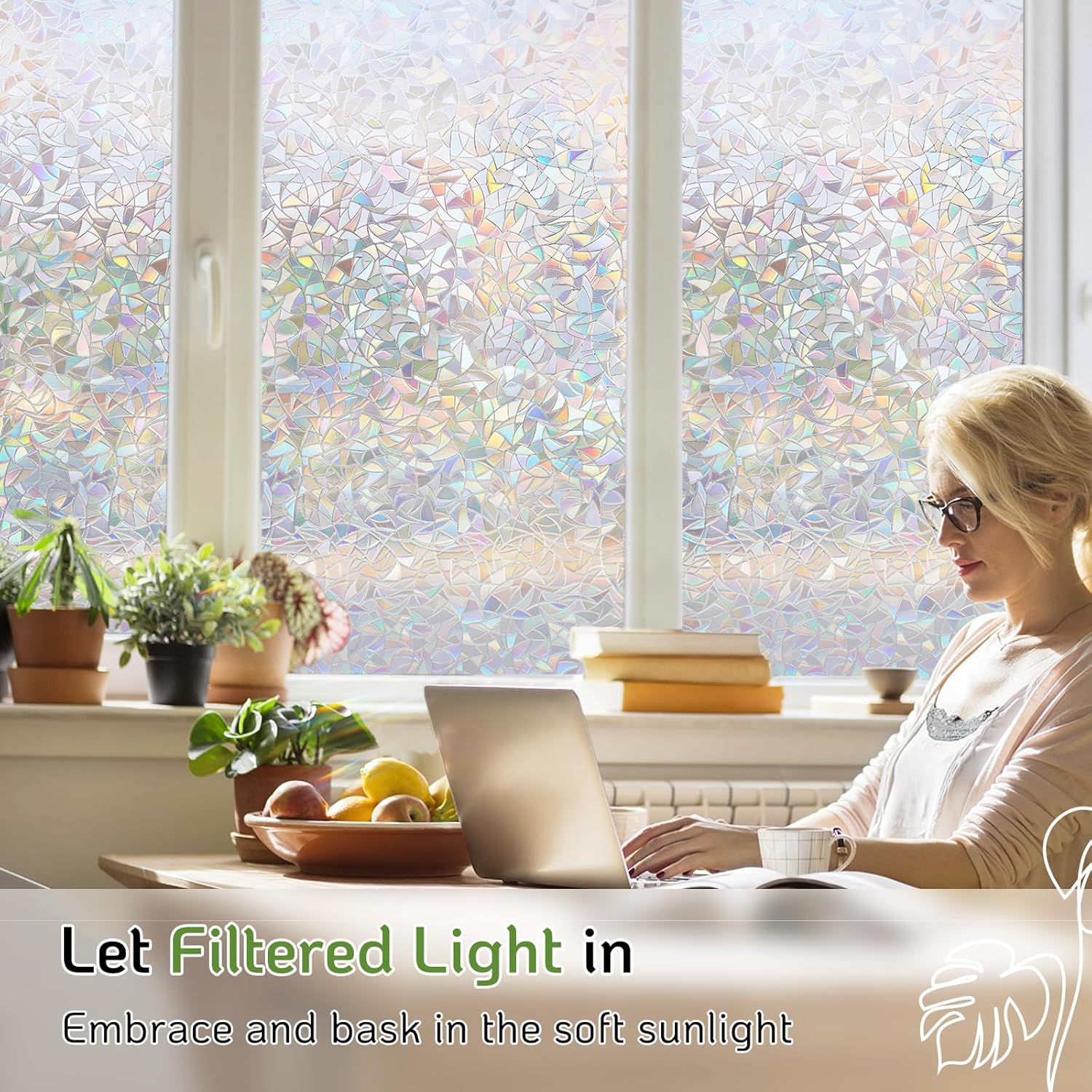 LUTE Window Privacy Film, Rainbow Window Film, 3D Decorative Stained Glass Cling, Non-Adhesive Vinyl Static Cling Removable Glass Stickers, Sun UV Blocking Decal Covering for Home, 23.6 x 78.7 inches