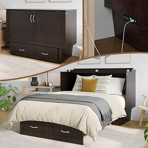 AFI, Monroe - Cómoda de cama matrimonial Murphy con colchón de 6 pulgadas, cajón de almacenamiento y cargador USB integrado, color espresso