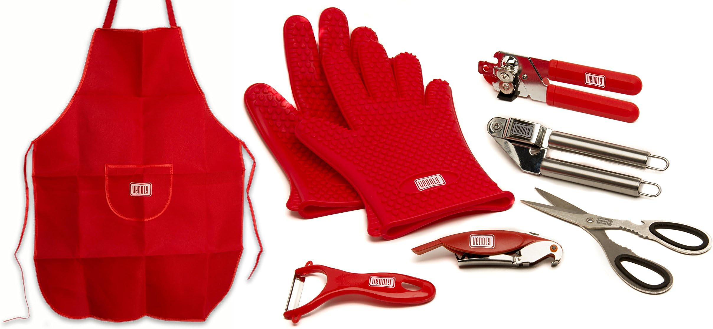 Kitchen Essentials Kit, Includes Garlic Press, Peeler, Corkscrew, Wine & Can Opener, Kitchen Scissors, Apron & Silicone Gloves - Stainless Steel Set- 7 Piece Set- by Venoly