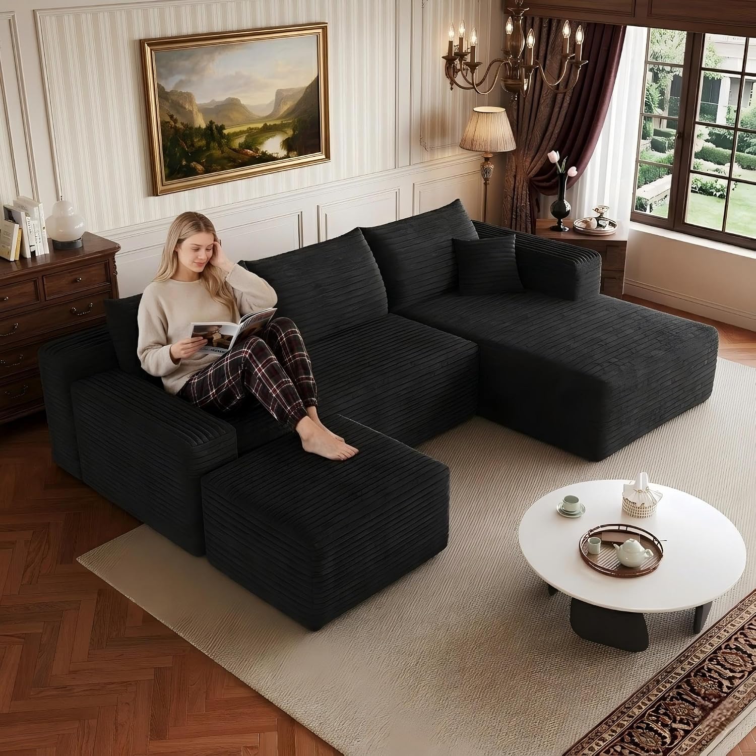 Right Facing Boneless Modular Sectional Sofa Cloud Couch with Deep Seat and Ottoman, Convertible U-Shaped Sectional Couch,No Assembly Required Floor Lounge Couch for Living Room thumbnail