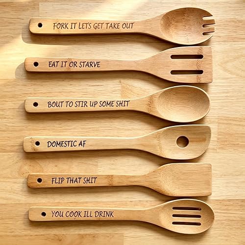 Cursing Cutlery Wooden Spoons, 6-Piece Funny Wooden Kitchen Utensil Set
