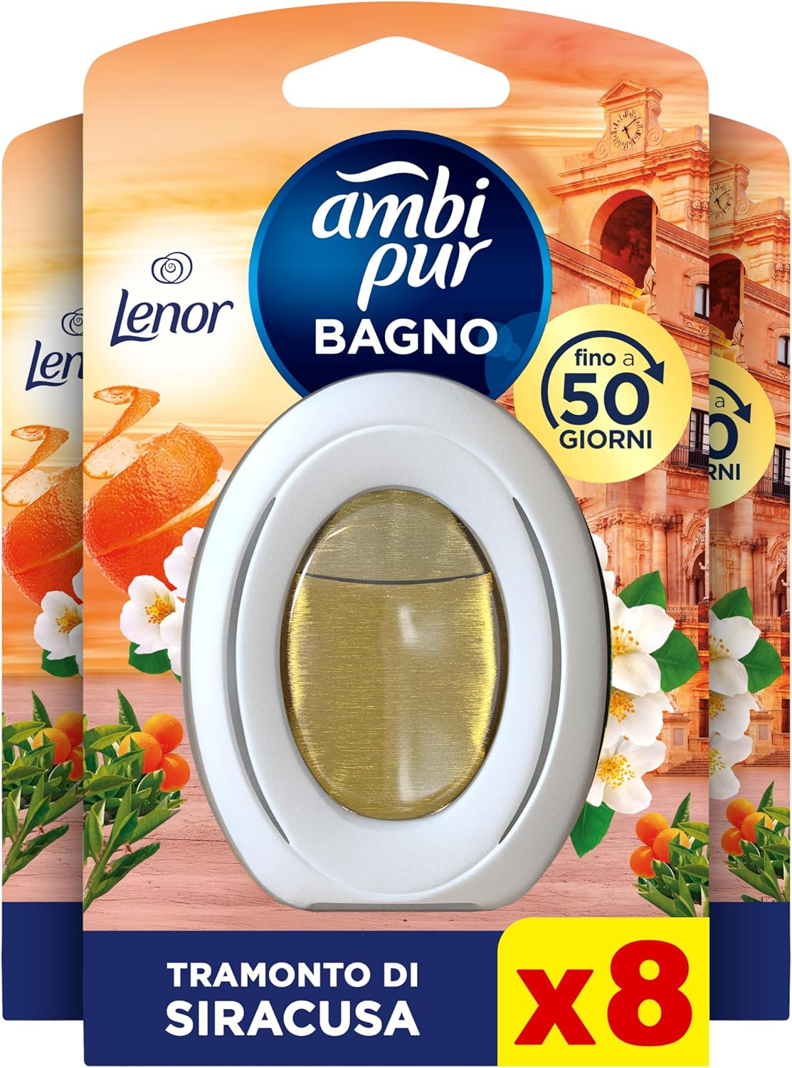Ambi Pur Deodorante per ambienti da bagno ad azione continua da 8 pezzi Eliminazione della fragranza all’arancia e prevenzione degli odori – Fino a 50 giorni di fragranza