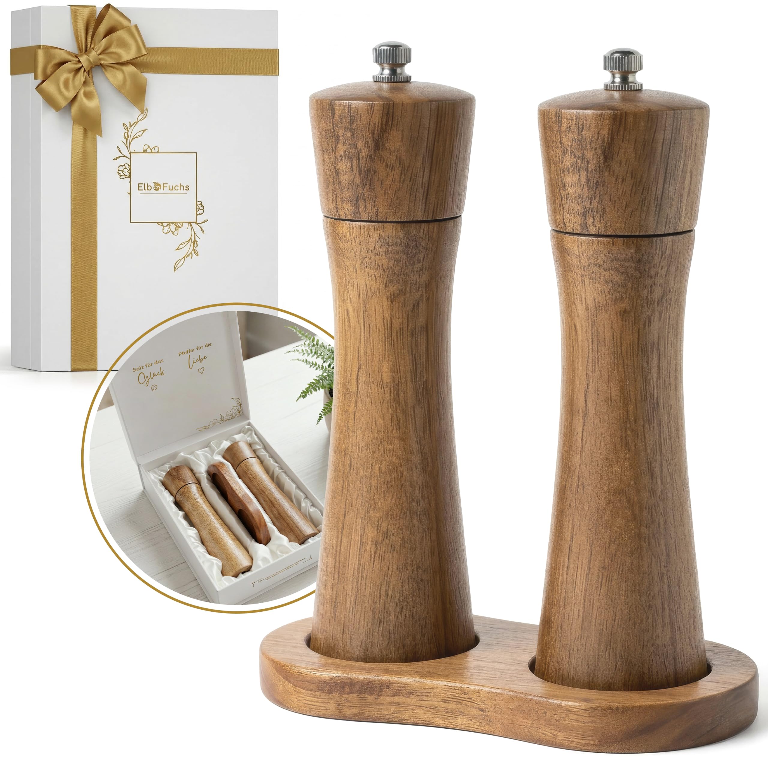 ElbFuchs Salz und Pfeffermühle Holz Set aus Akazienholz mit Untersetzer, 2 große Gewürzmühlen stufenlos verstellbar, Hochzeitsgeschenk für Brautpaar, Einzug und Hölzerne Hochzeit